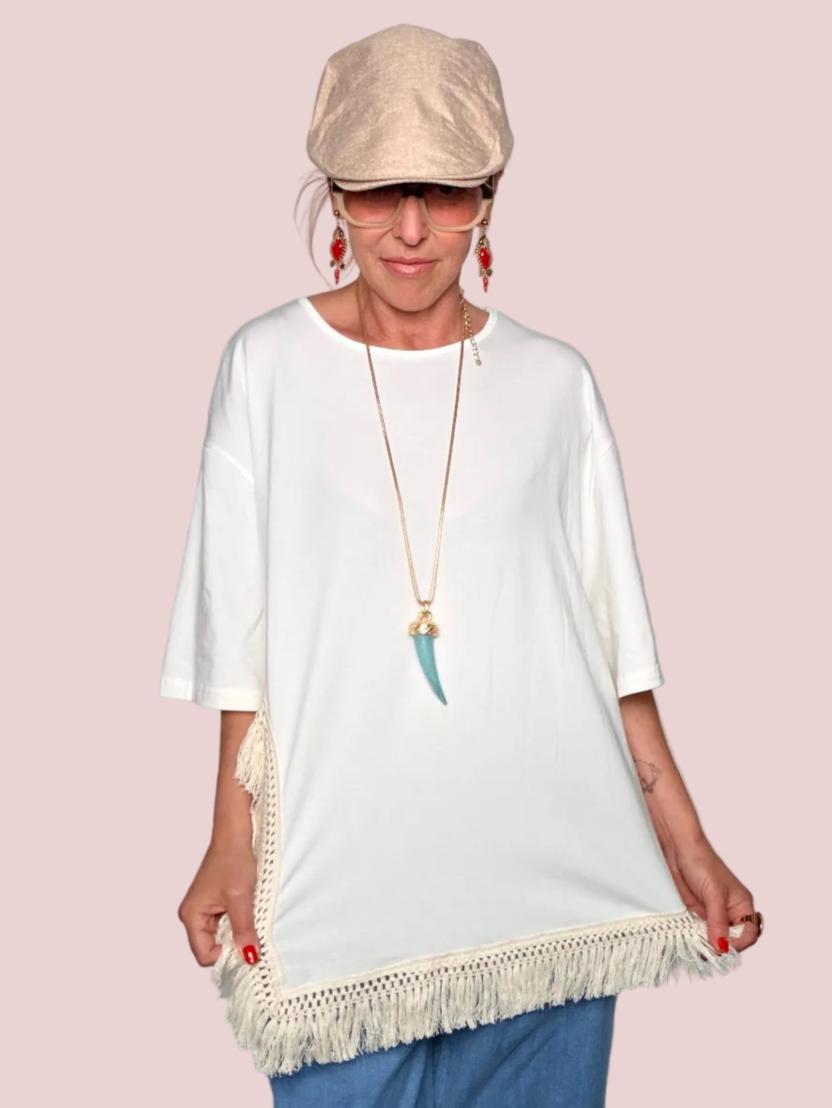 Tunica Oversize in Cotone con Orlo Crochet e Frange