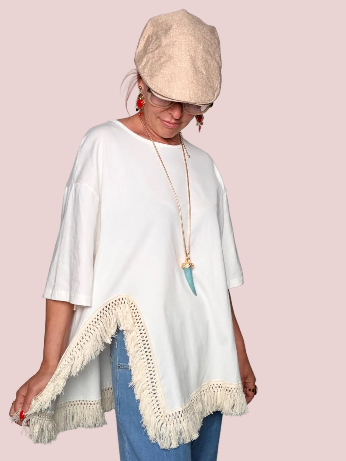 Tunica Oversize in Cotone con Orlo Crochet e Frange