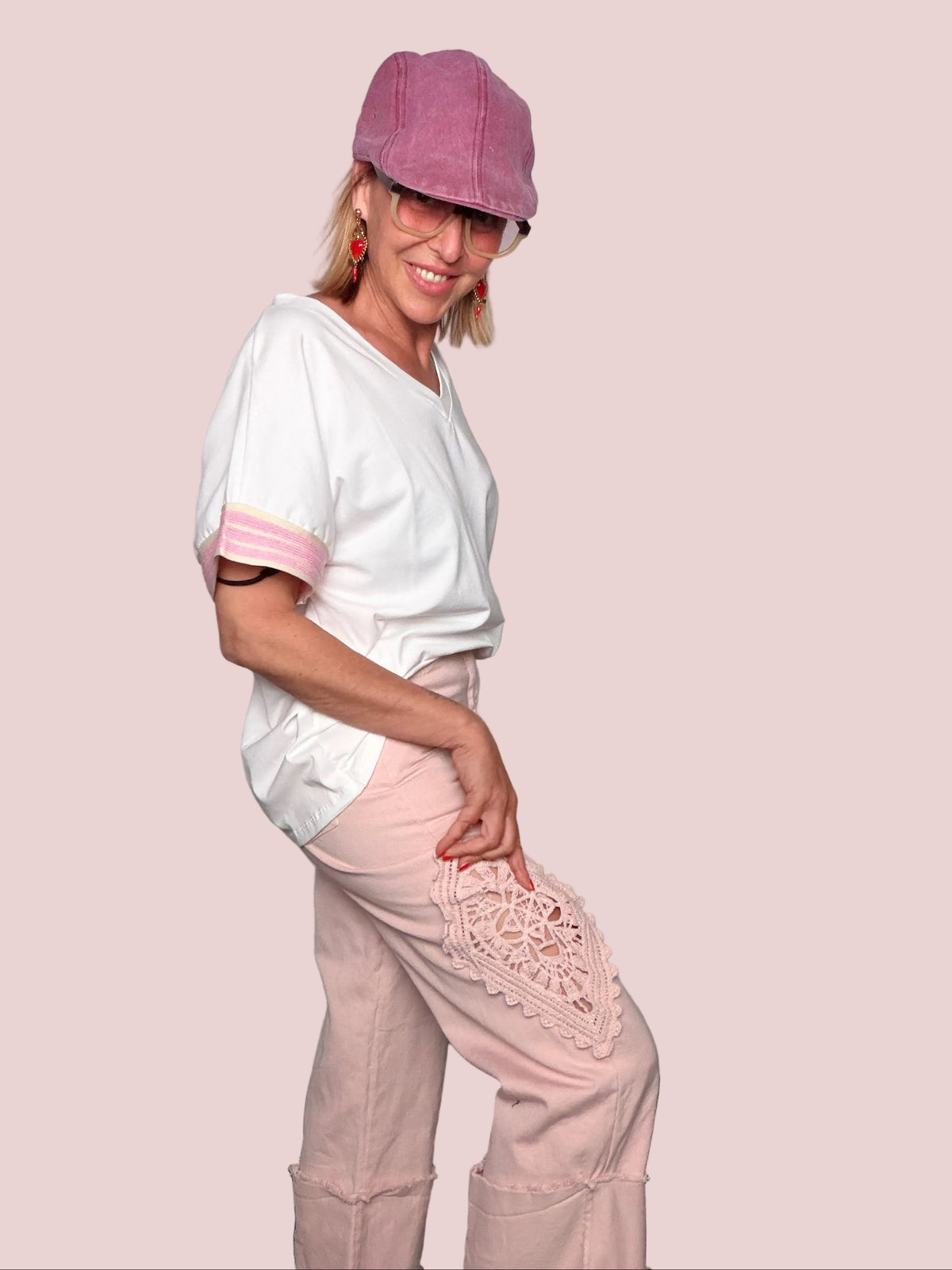 Pantalone Cropped in Cotone con Applicazione Pizzo Macramé