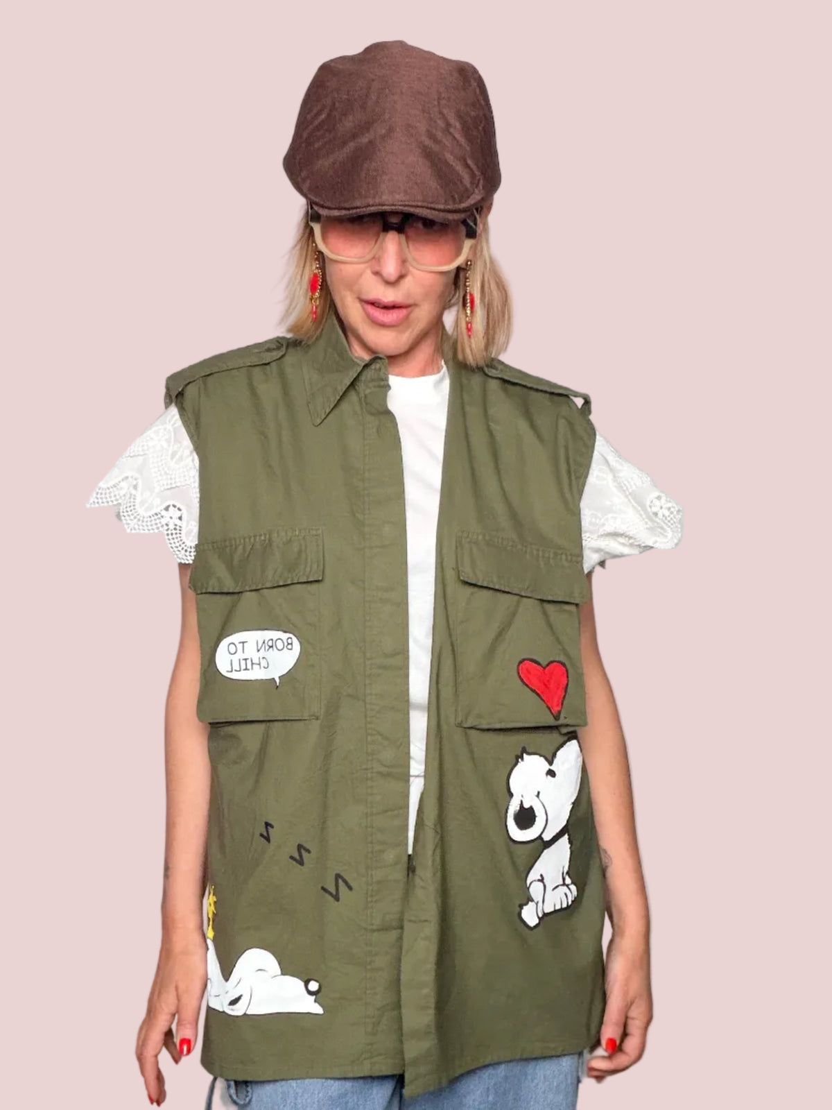Gilet Cargo in Cotone Verde Militare con Patch Snoopy