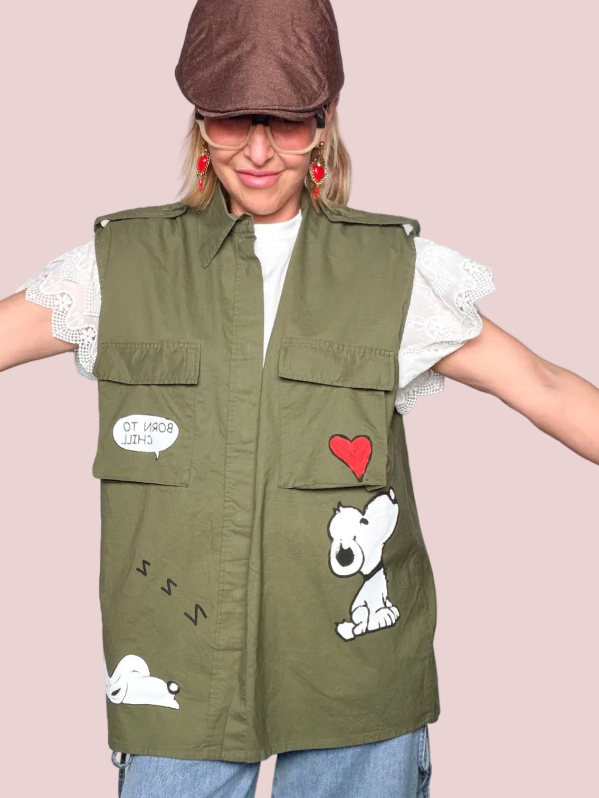 Gilet Cargo in Cotone Verde Militare con Patch Snoopy