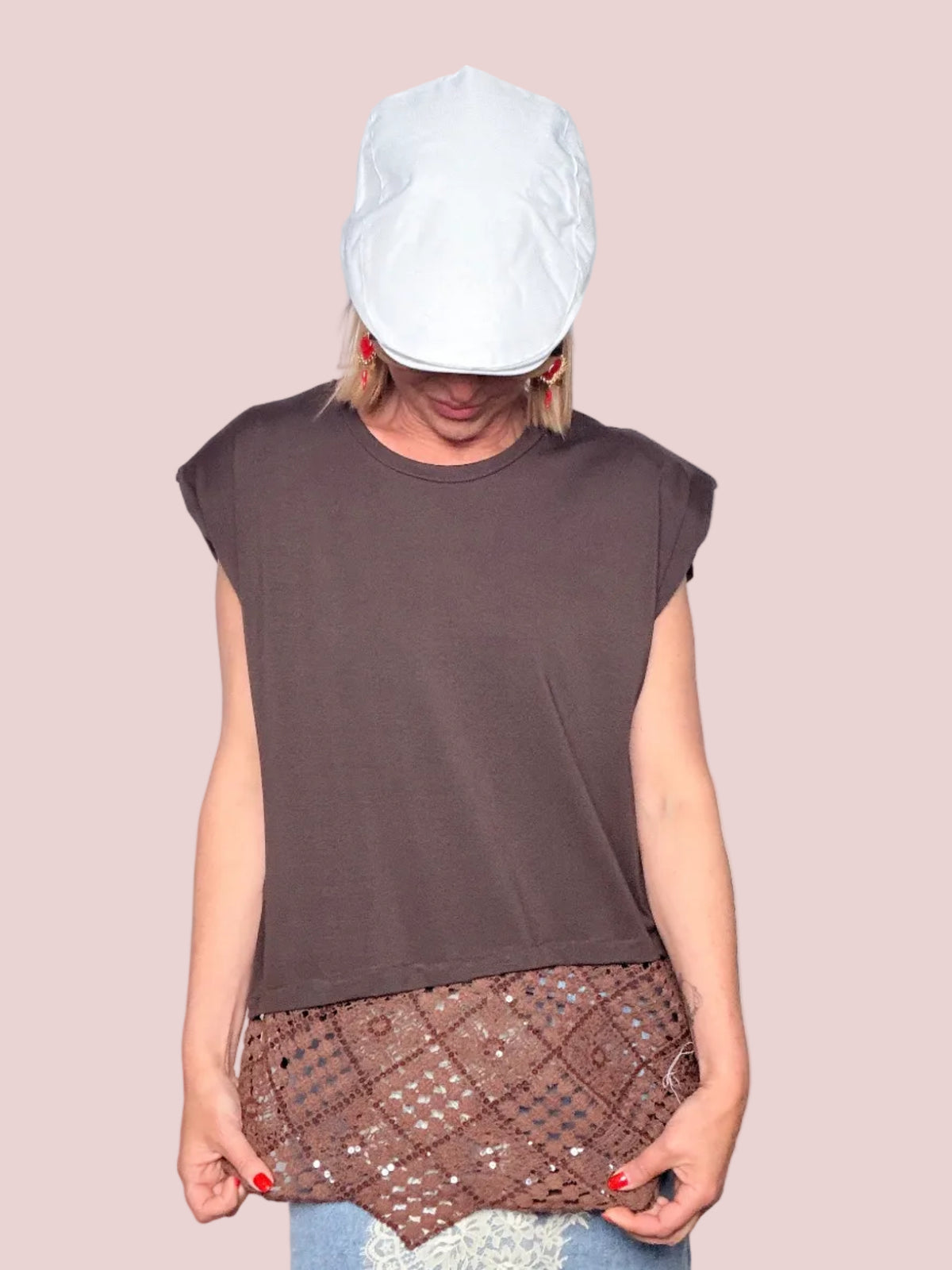 T-shirt Muscle Tee in Cotone con Inserto Pizzo Crochet e Paillettes