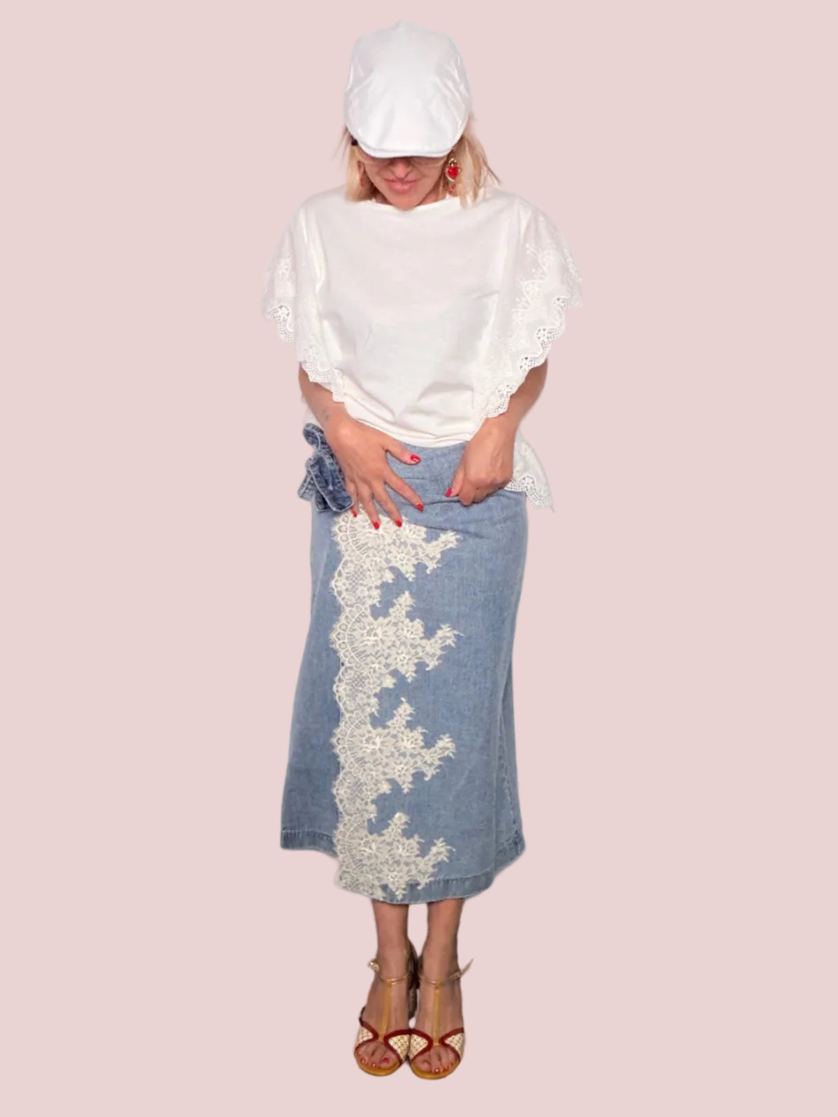 Gonna Portafoglio in Denim con Applicazione Pizzo Chantilly