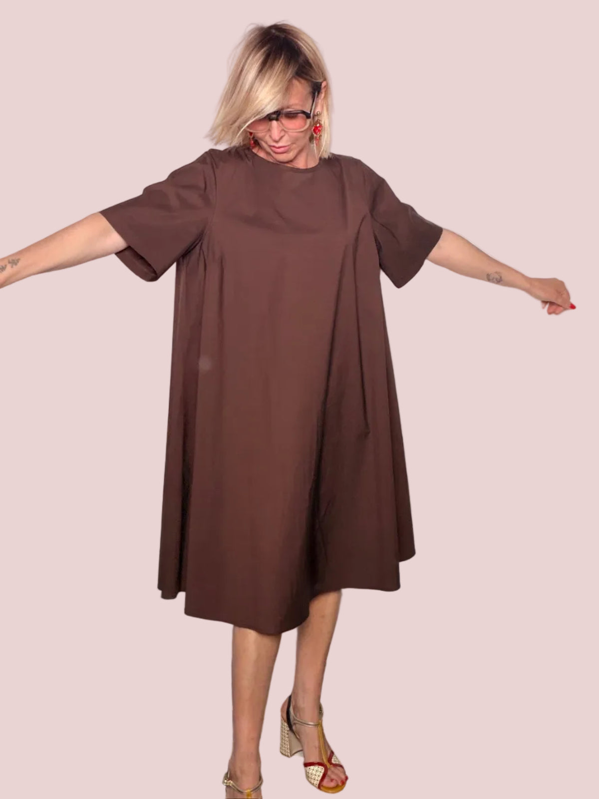 Abito Cocoon in Cotone con Gonna ad A e Fiocco sul Retro