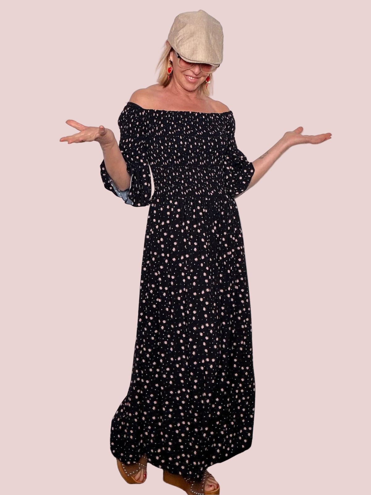 Abito Maxi Bardot in Viscosa con Corpino Smockato