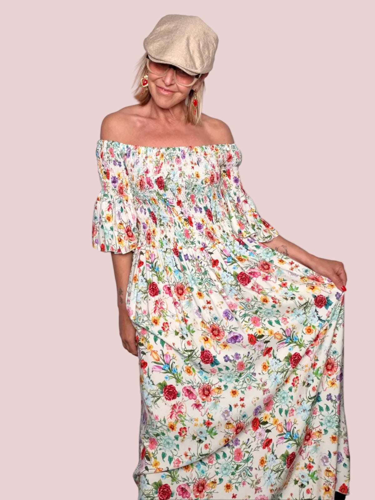 Abito Maxi Bardot in Viscosa con Corpino Smockato