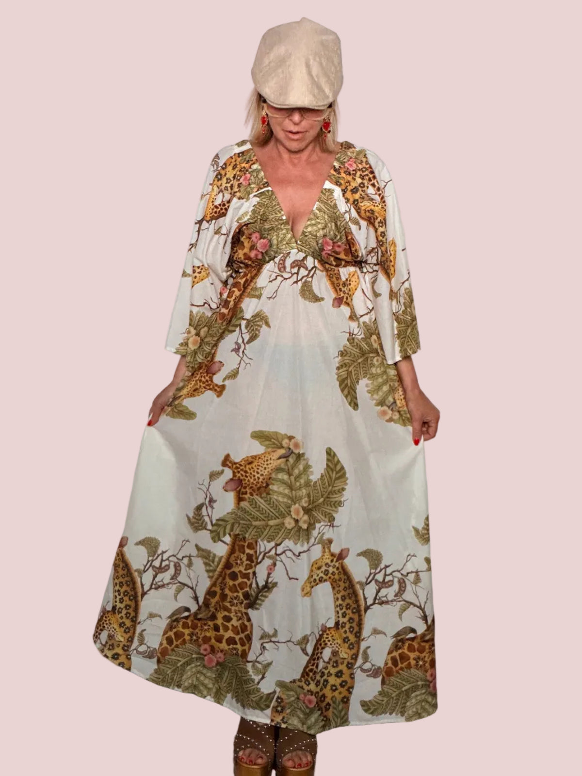 Abito Maxi in Cotone con Stampa Jungle Safari e Scollo a V