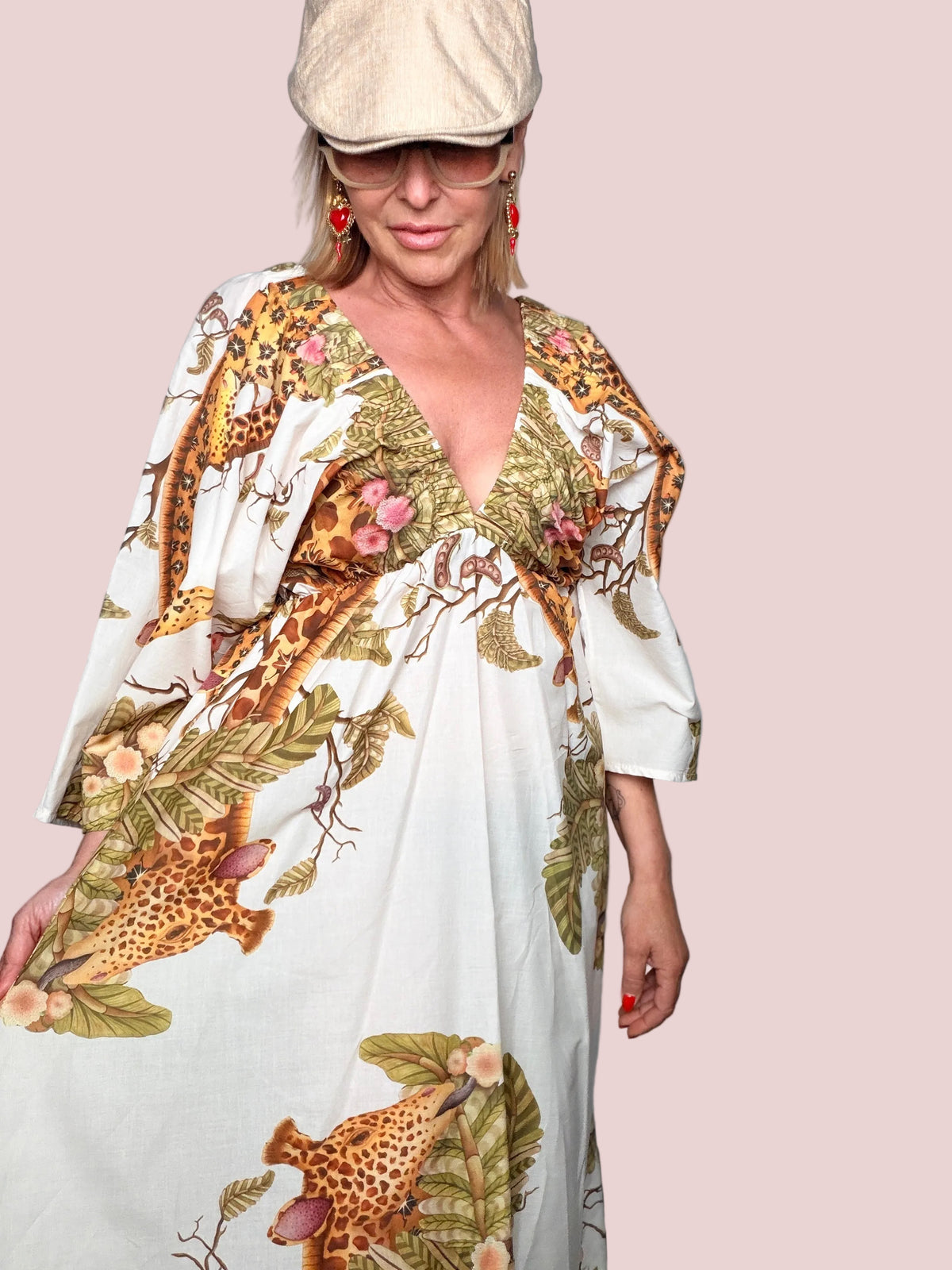 Abito Maxi in Cotone con Stampa Jungle Safari e Scollo a V