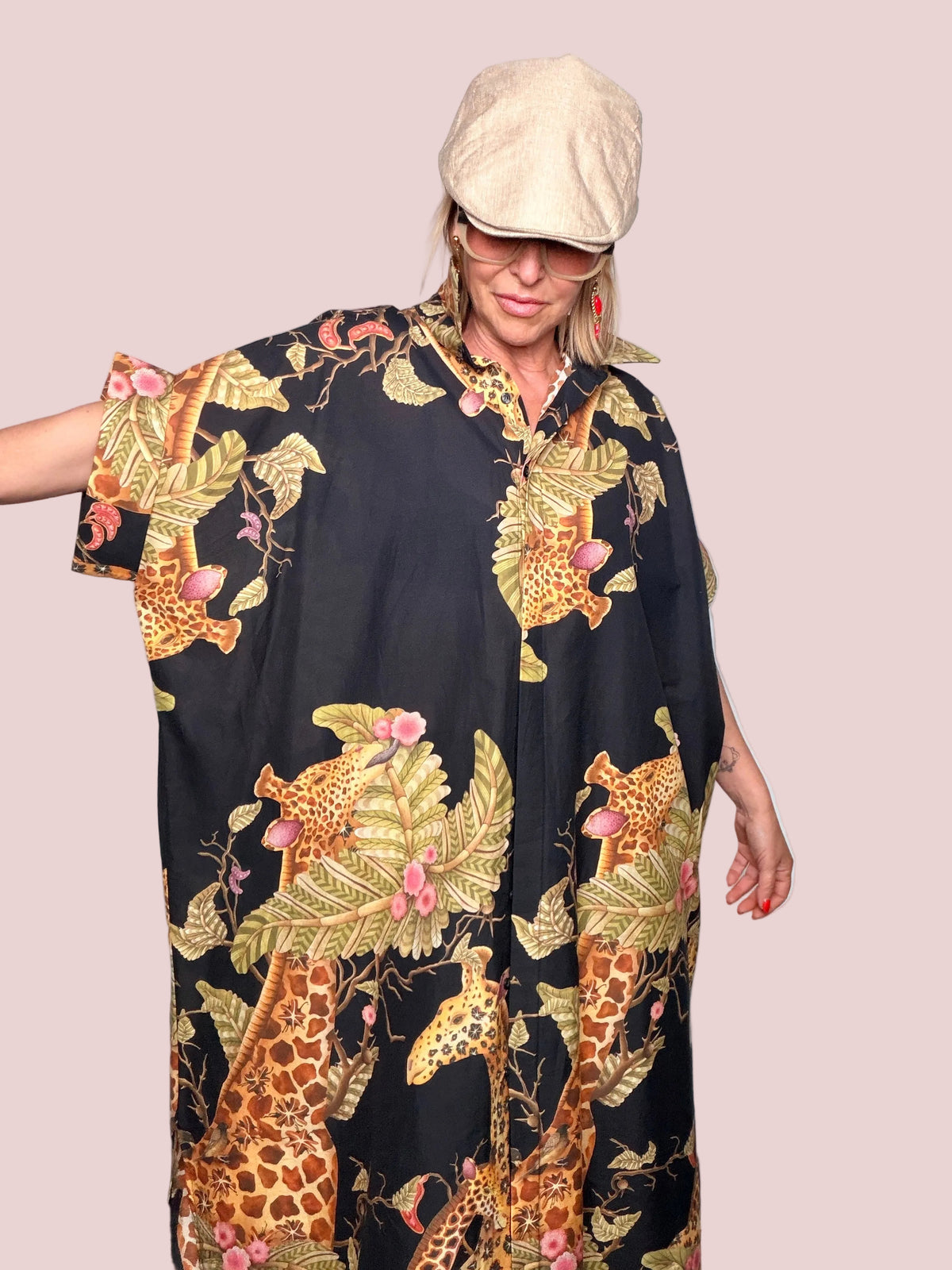 Chemisier Kaftan in Cotone con Stampa Jungle Safari su Fondo Nero