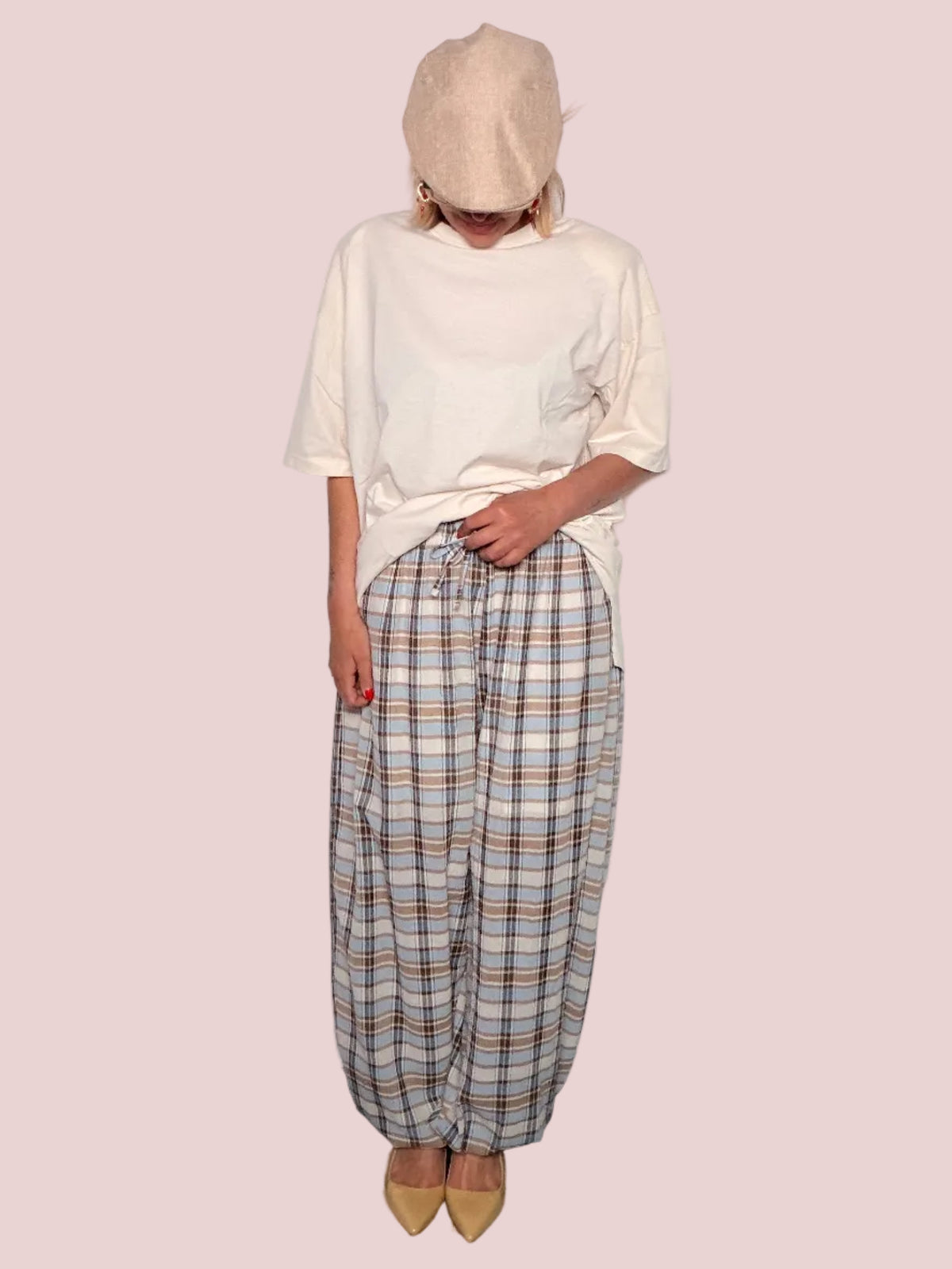 Pantalone Harem in Cotone a Quadri Tartan con Vita Elasticizzata