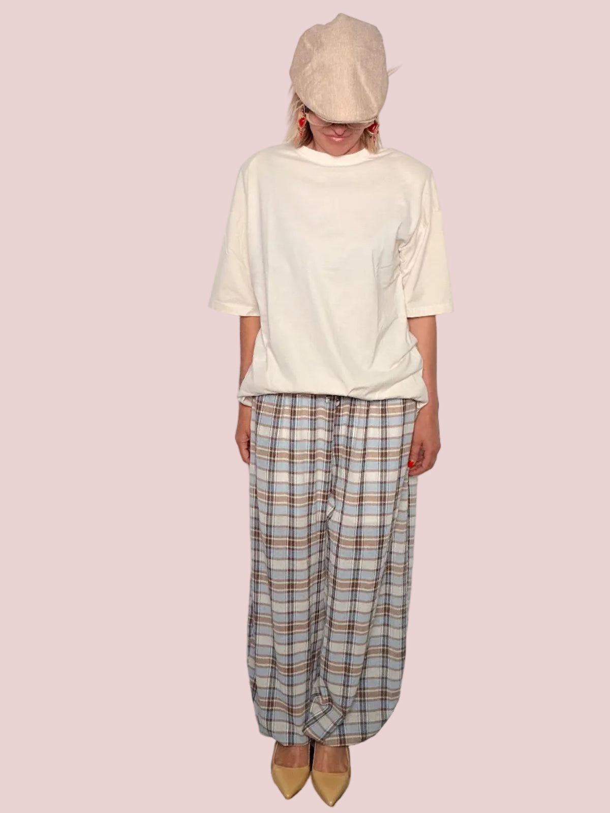 Pantalone Harem in Cotone a Quadri Tartan con Vita Elasticizzata