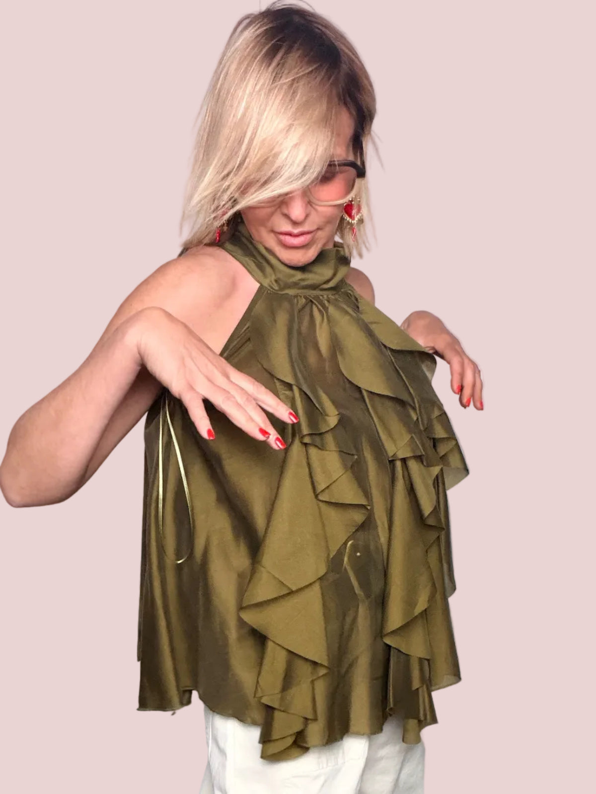 Top Halter con Volant a Cascata Verde Oliva