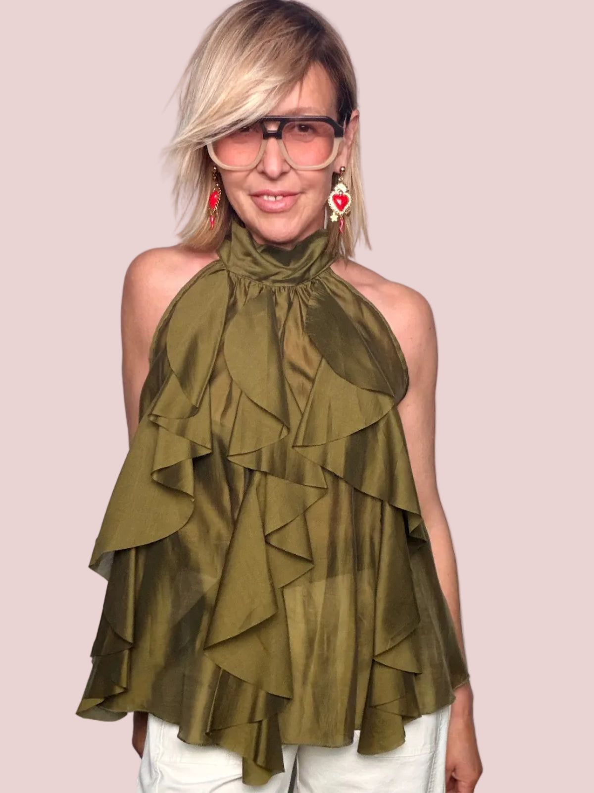 Top Halter con Volant a Cascata Verde Oliva