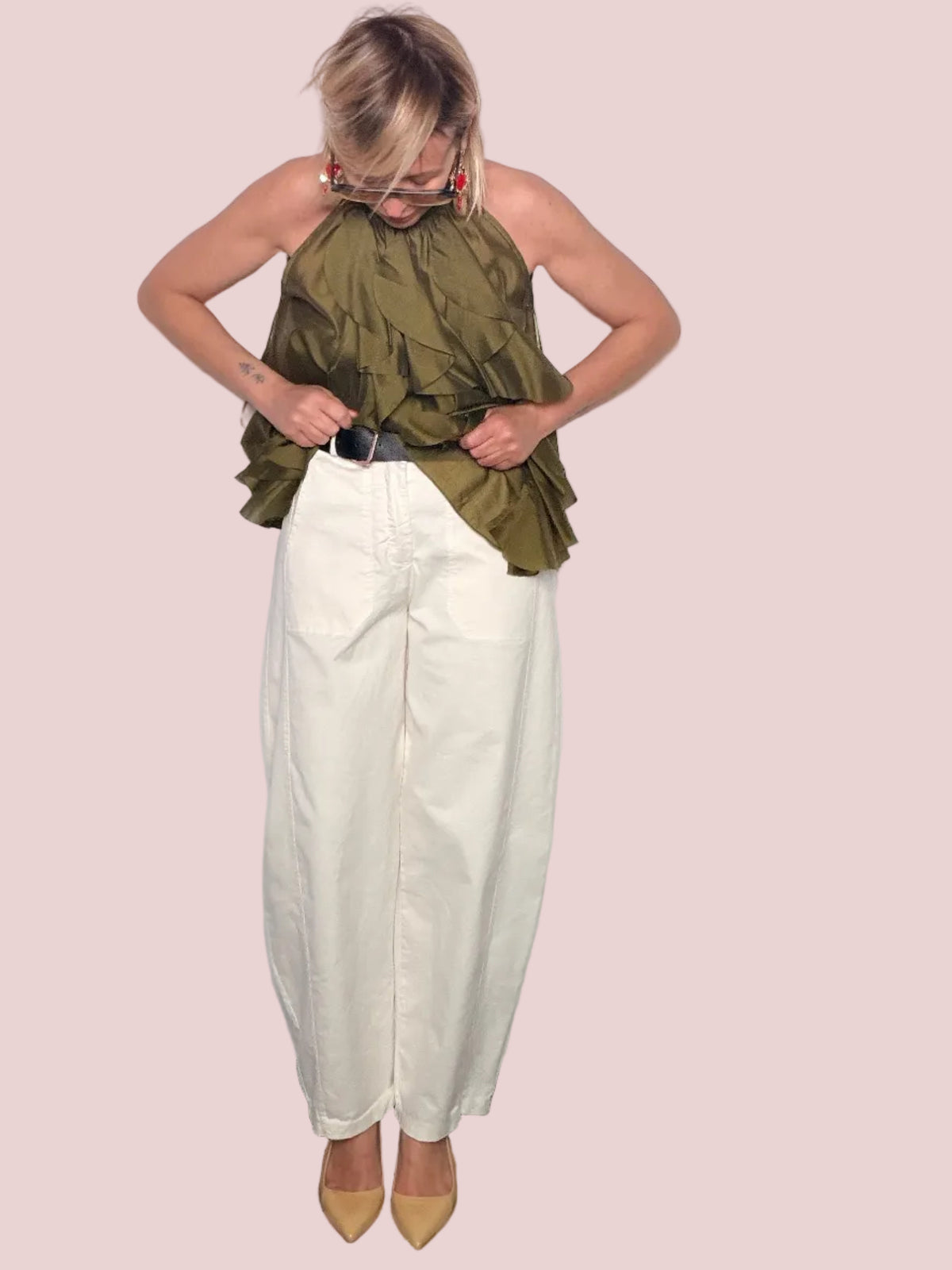 Pantalone Palazzo in Cotone Bianco Panna