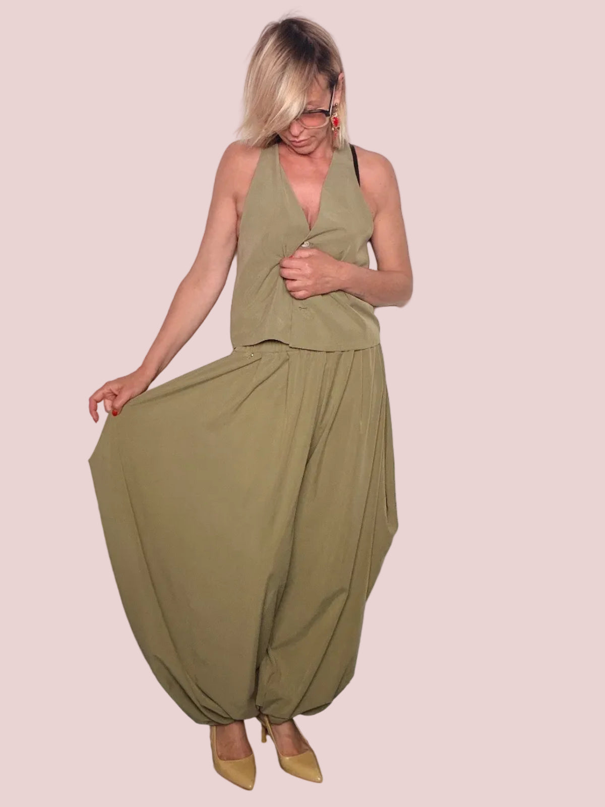 Pantalone Harem Maxi – Tessuto Fluido Kaki