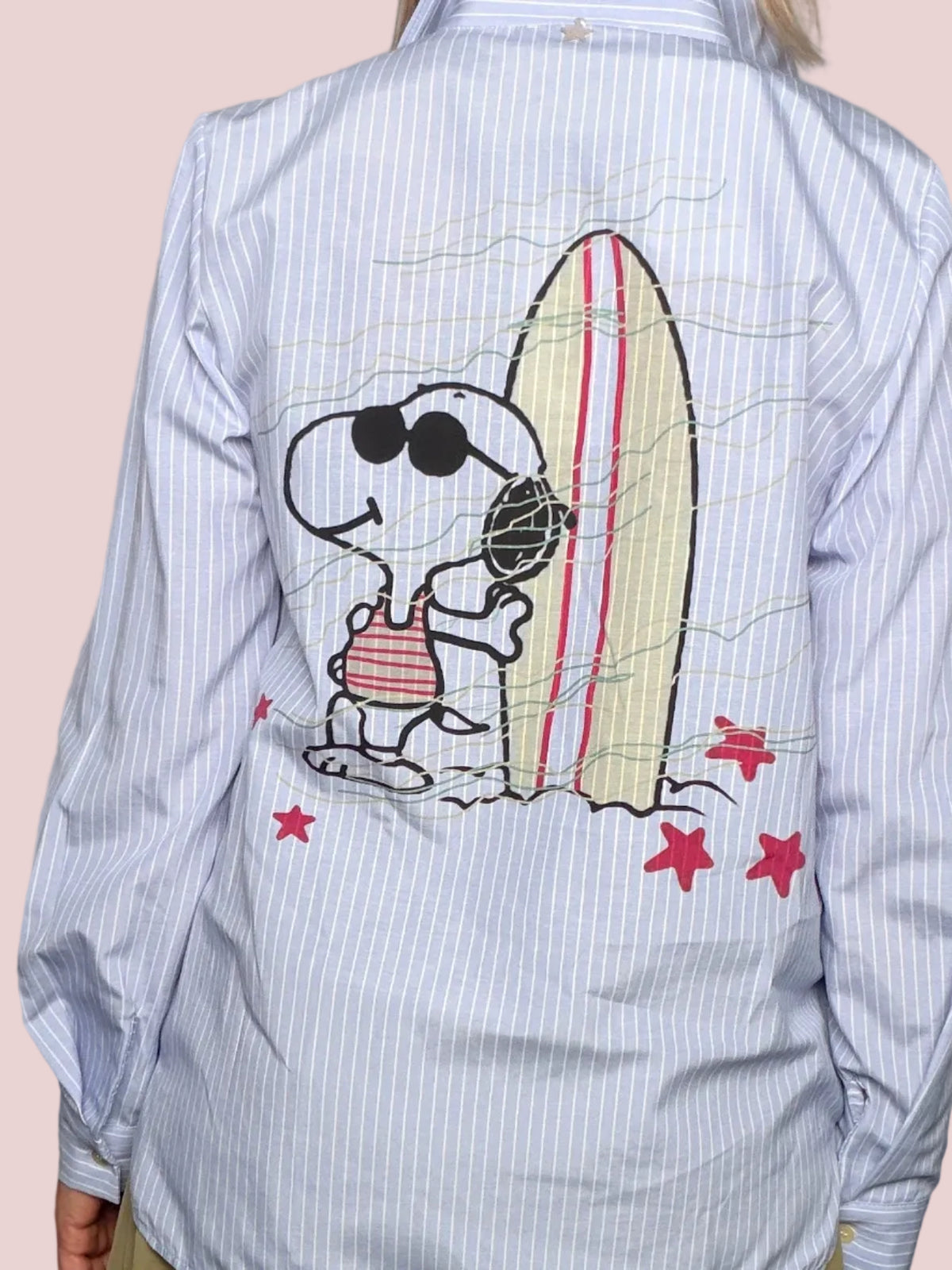 Camicia Oversize a Righe con Stampa Snoopy Surf