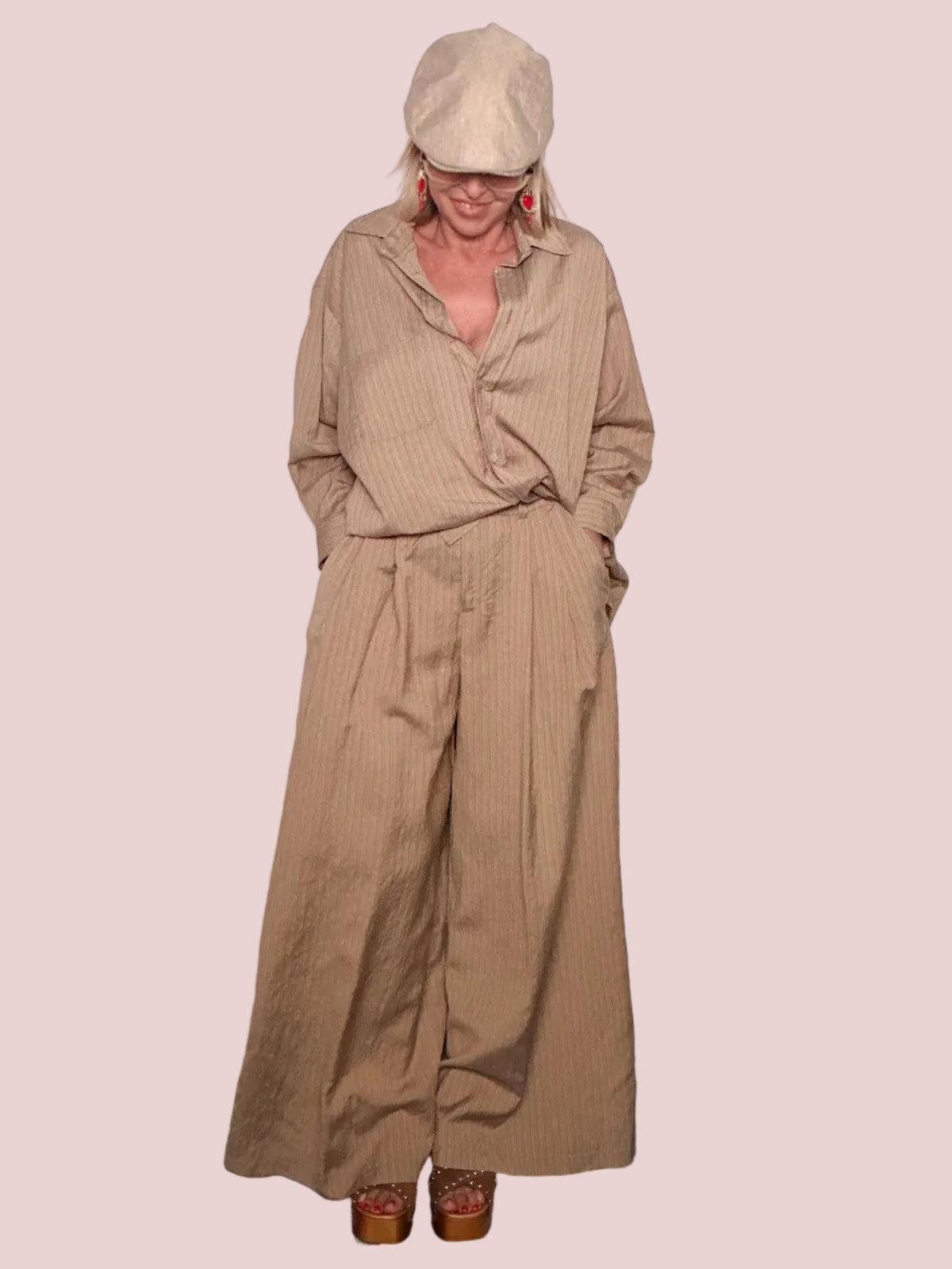 Pantalone Palazzo a Righe – Beige e Bianco
