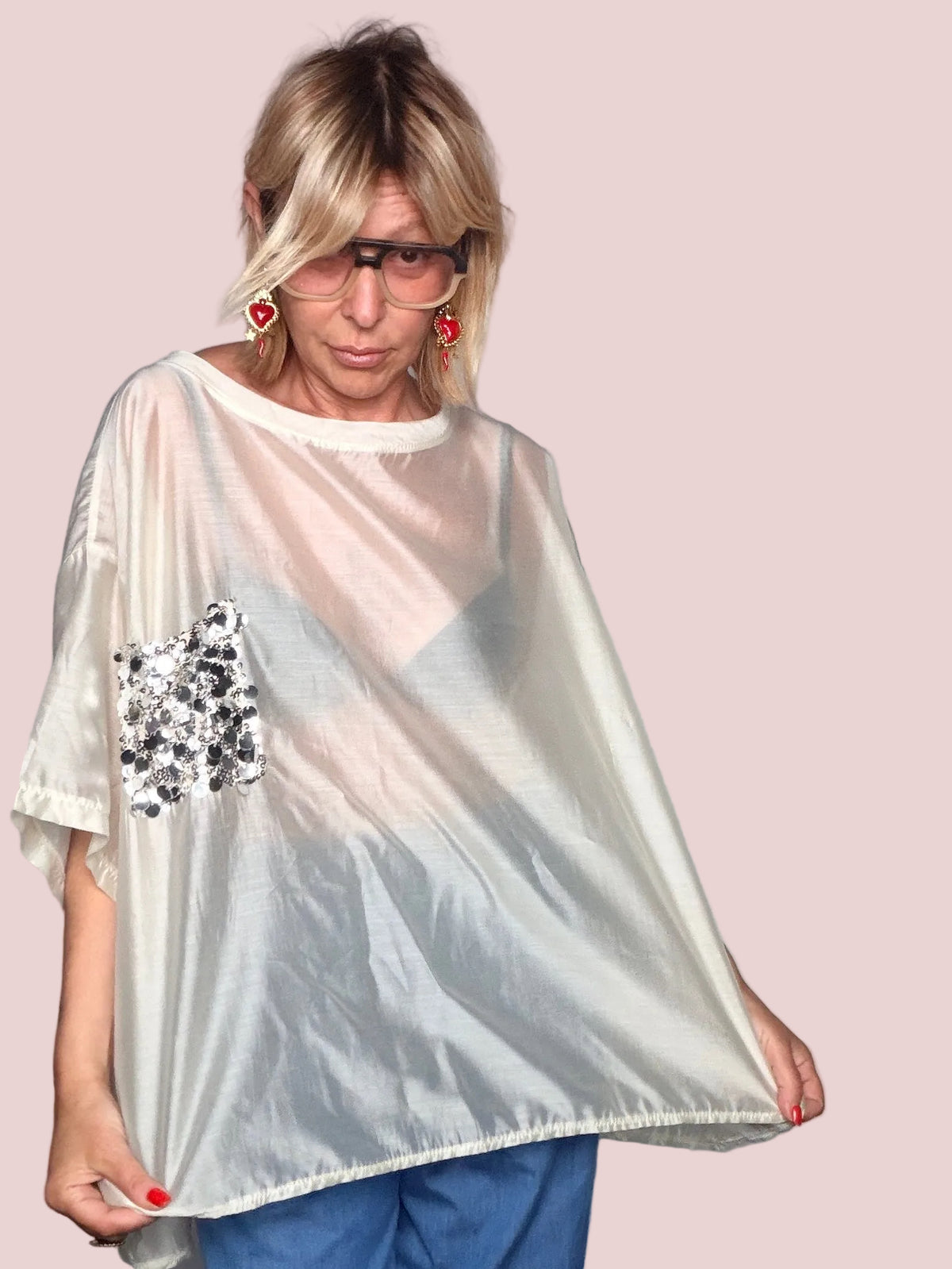 Camicia Oversize in Lyocell Avorio con Patch Gioiello (Copia)