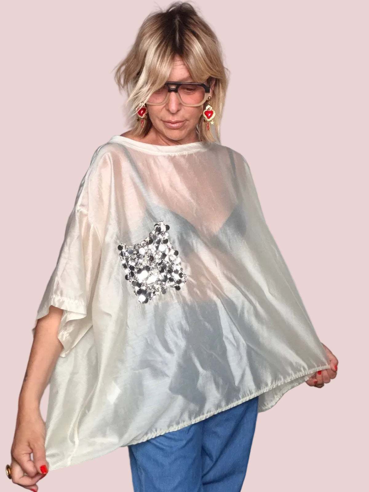 Camicia Oversize in Lyocell Avorio con Patch Gioiello (Copia)