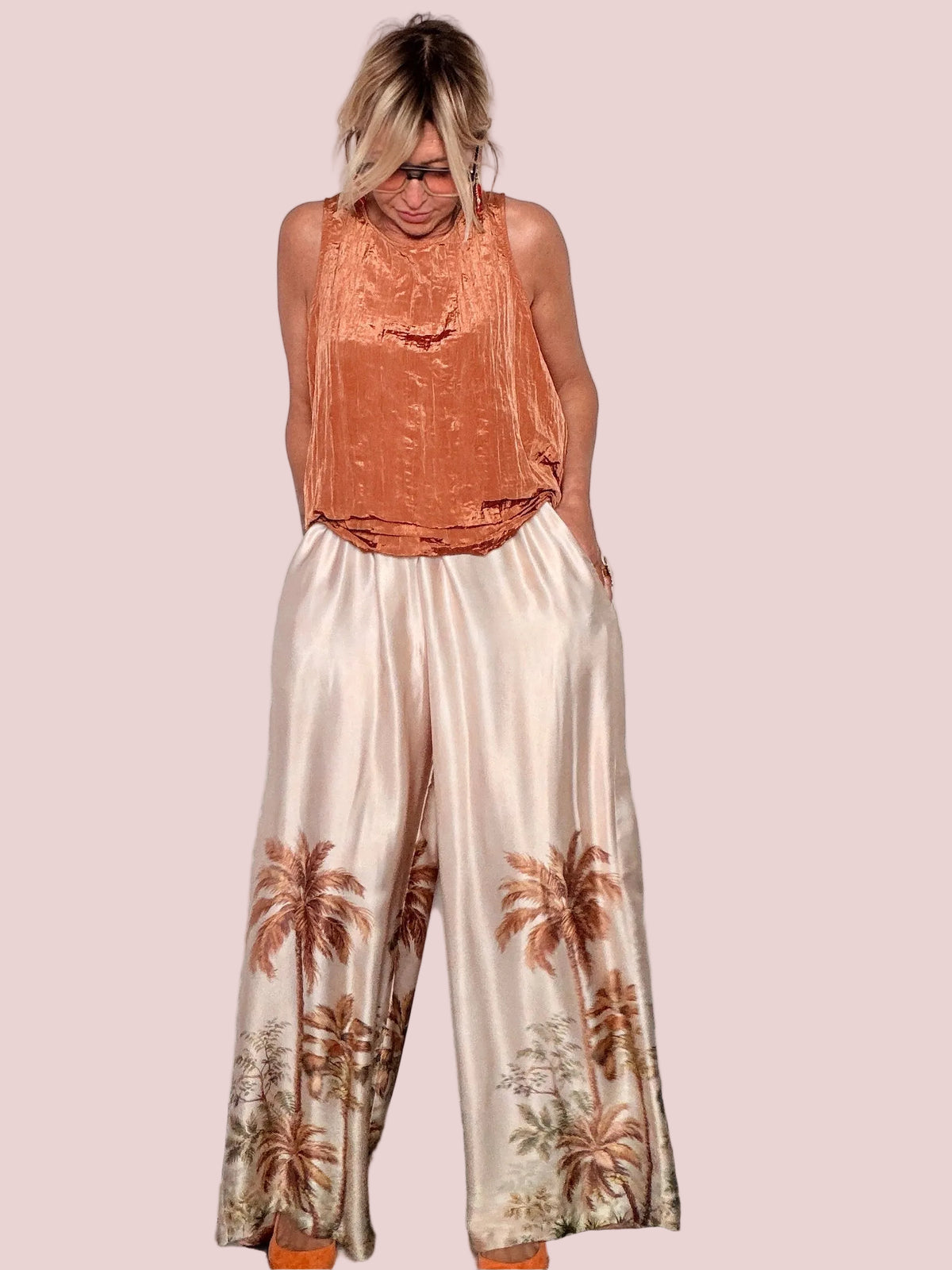 Pantalone Palazzo Stampa Tropicale Palme Viscosa
