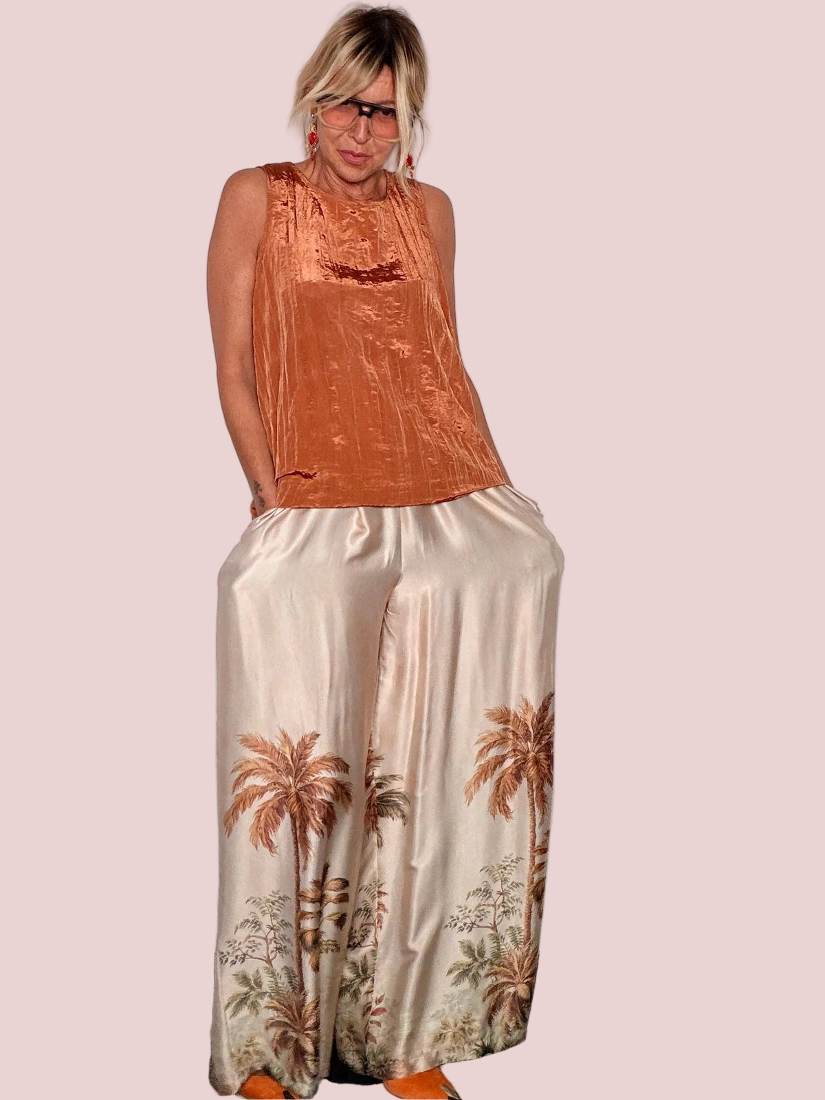 Pantalone Palazzo Stampa Tropicale Palme Viscosa
