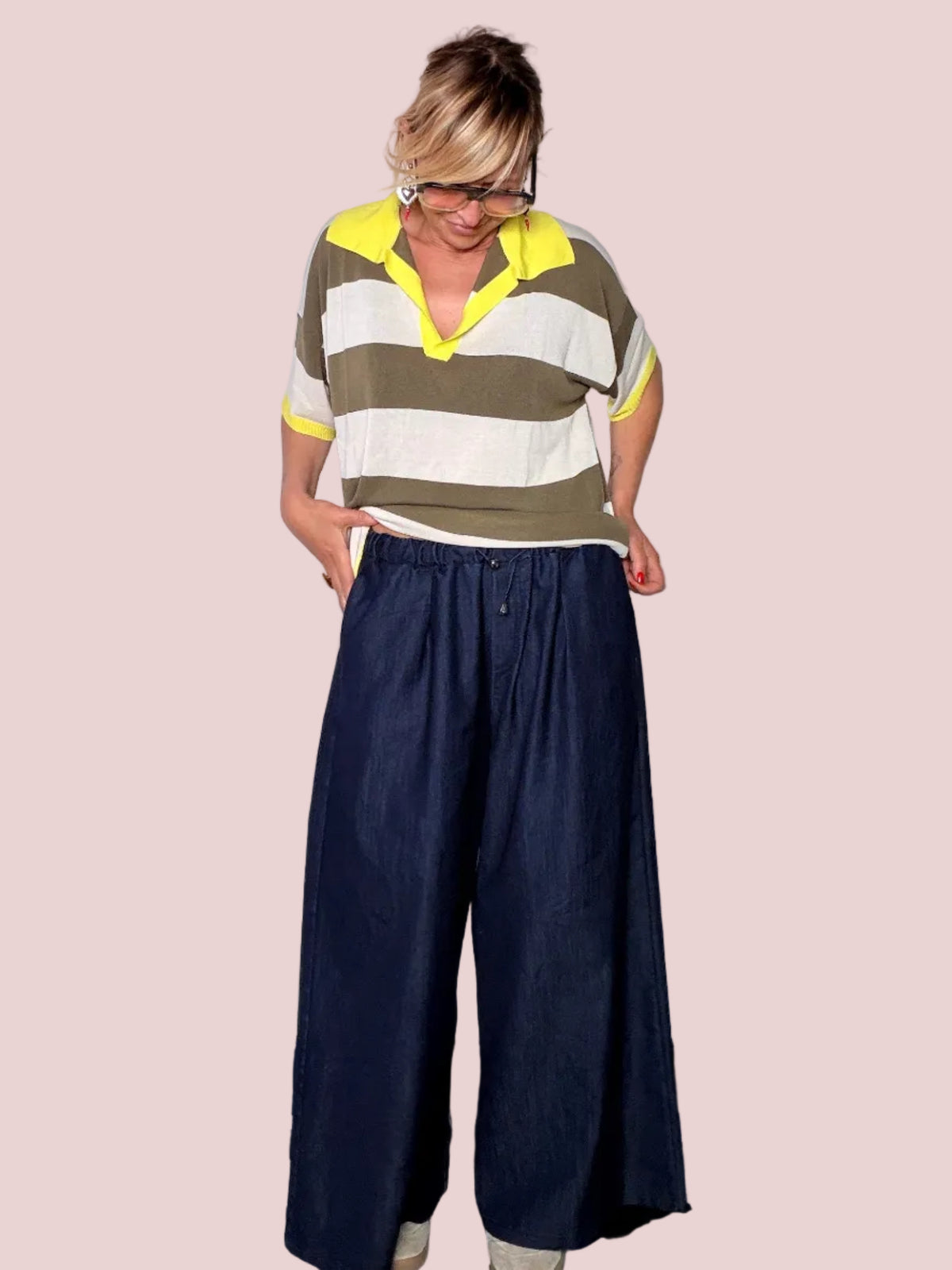 Pantalone Palazzo Cropped Chambray Jeans