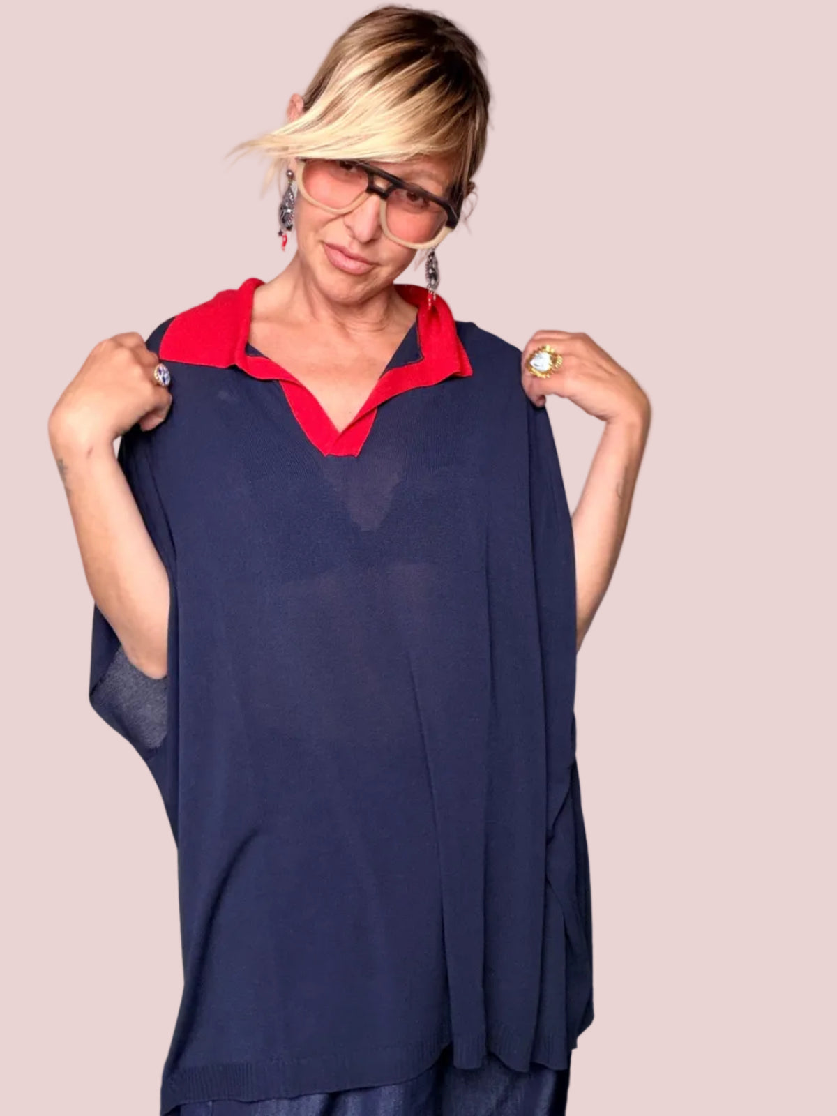 Polo Oversize Maxi Viscosa Blu Navy Colletto Rosso