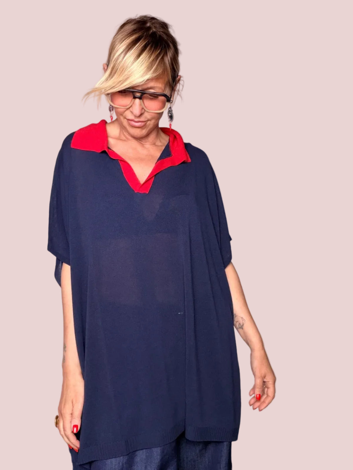 Polo Oversize Maxi Viscosa Blu Navy Colletto Rosso