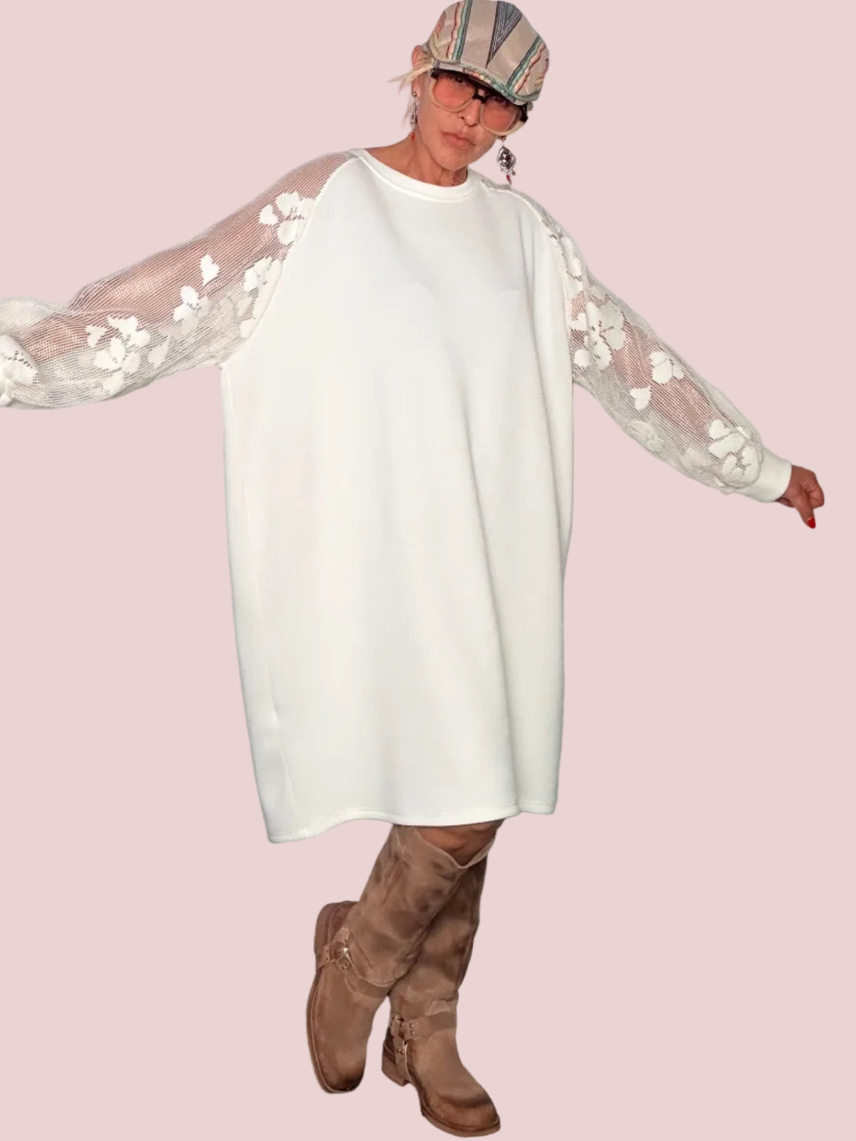 Abito Modal con Maniche in Pizzo Floreale – Bianco
