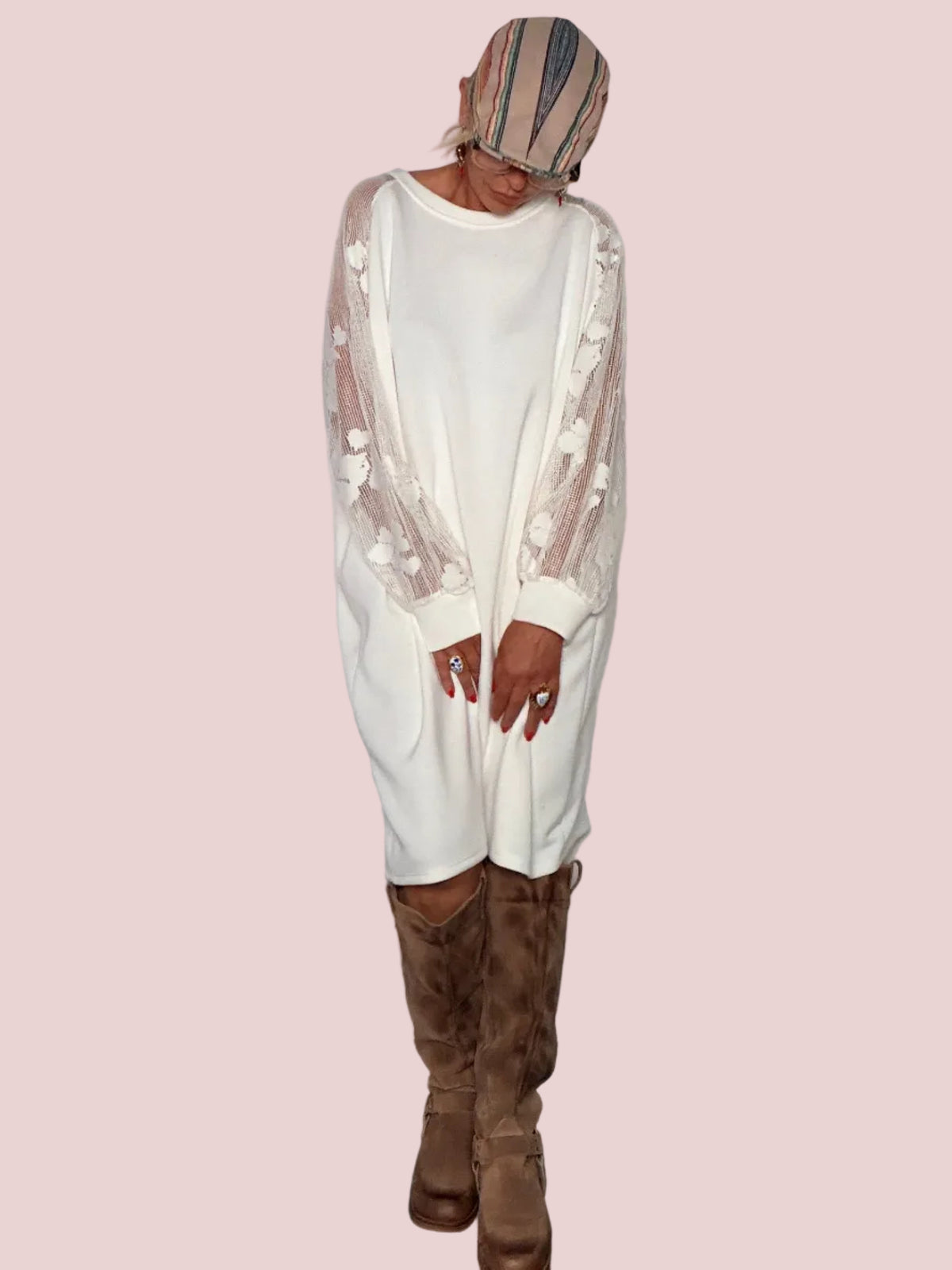 Abito Modal con Maniche in Pizzo Floreale – Bianco