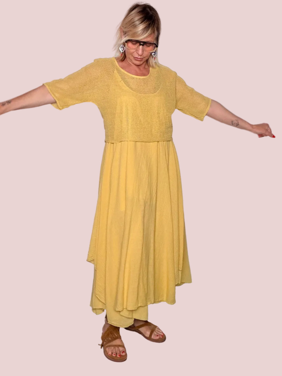 Abito Maxi Layering Rete e Chiffon Giallo Senape