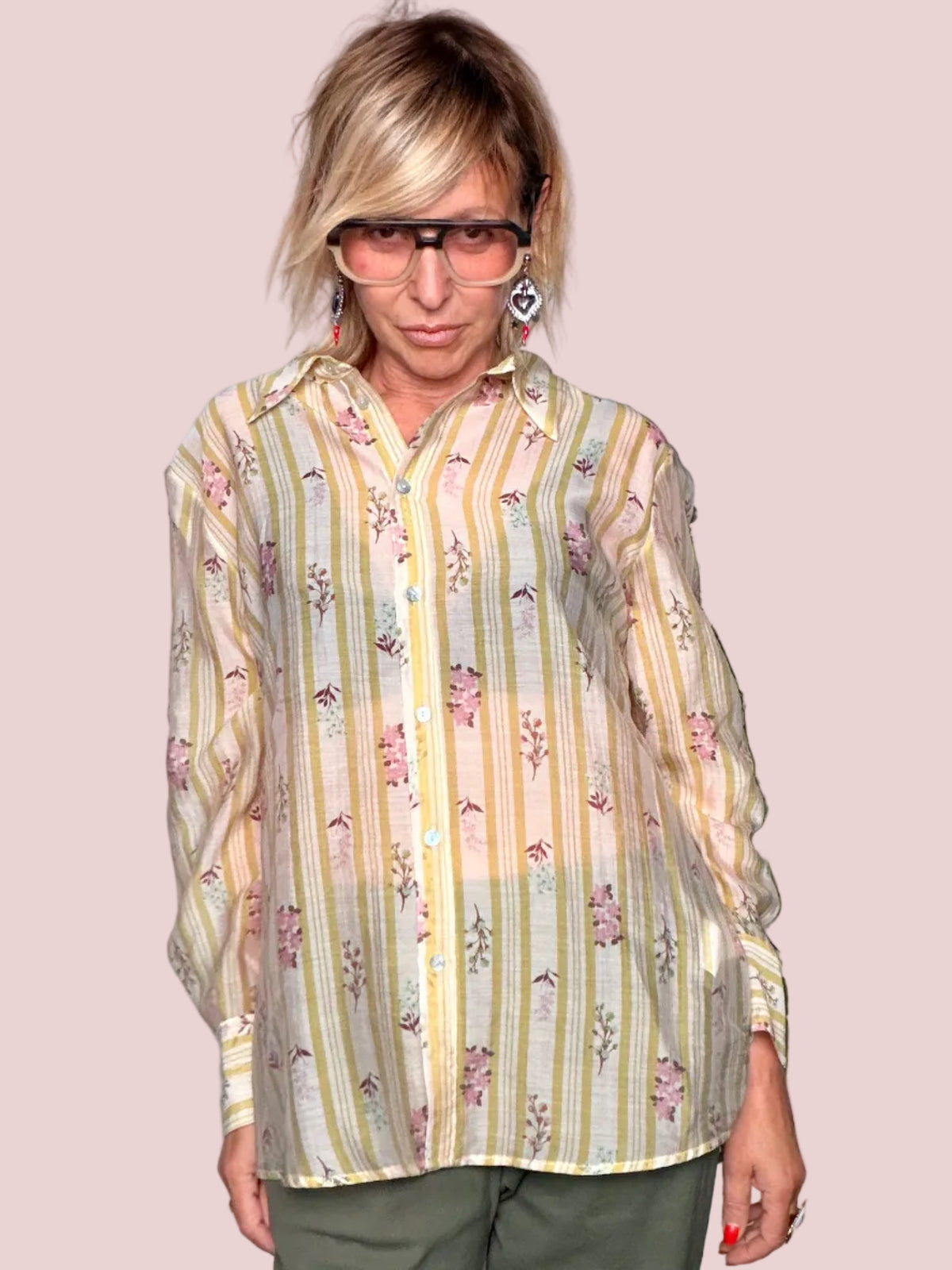 Camicia Oversize Mussola Stampa Botanica Righe
