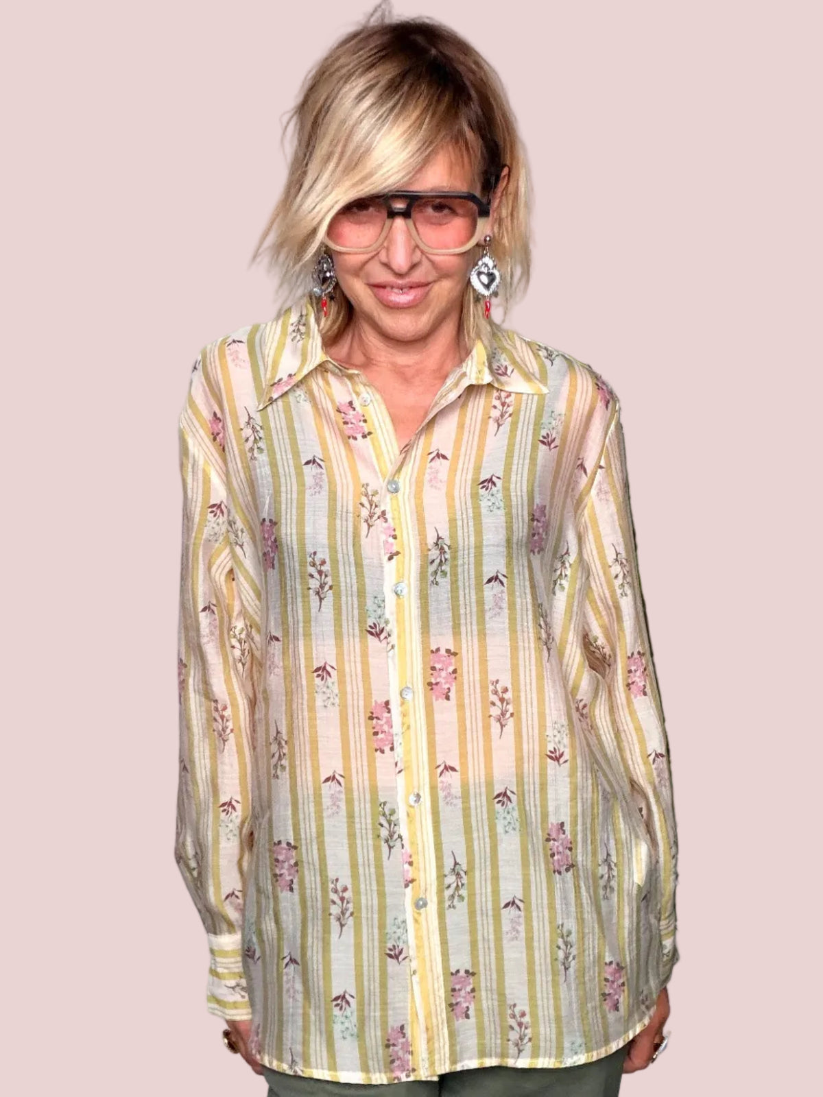 Camicia Oversize Mussola Stampa Botanica Righe