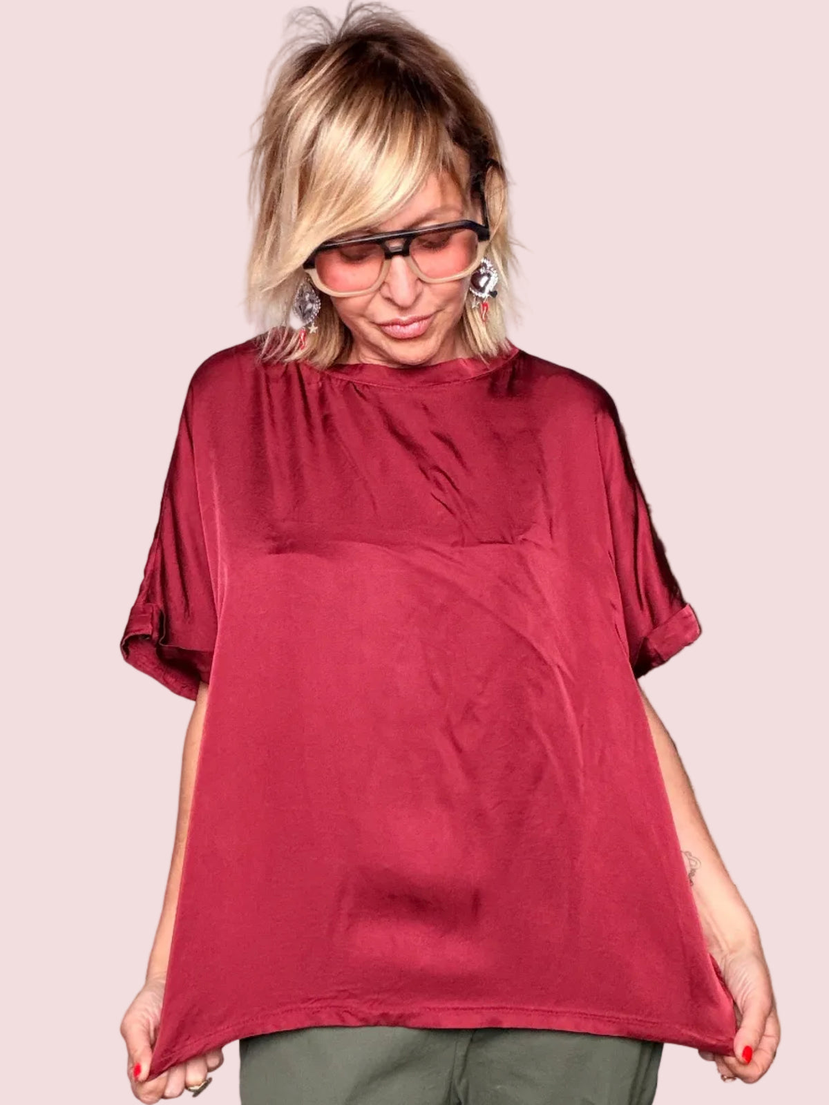 Blusa Oversize Raso Borgogna Collo Arricciato