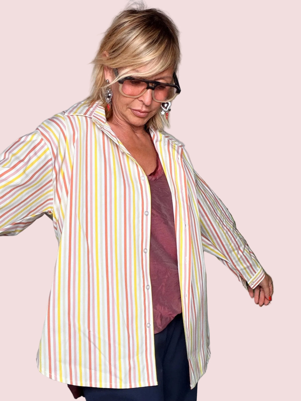 Camicia Oversize Righe Multicolor Giallo Rosa