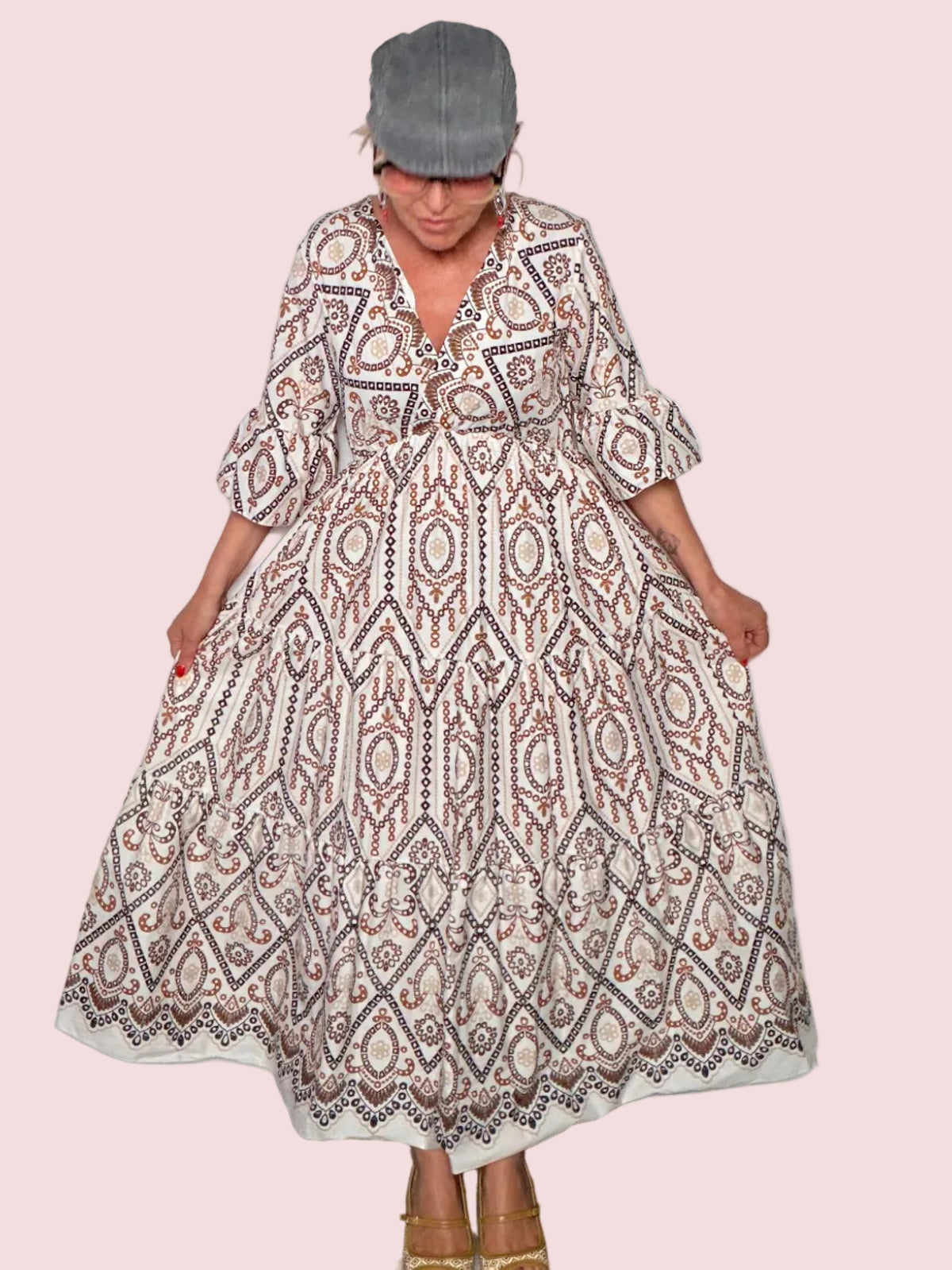 Abito Maxi Portafoglio Stampa Etnica Paisley con Balza