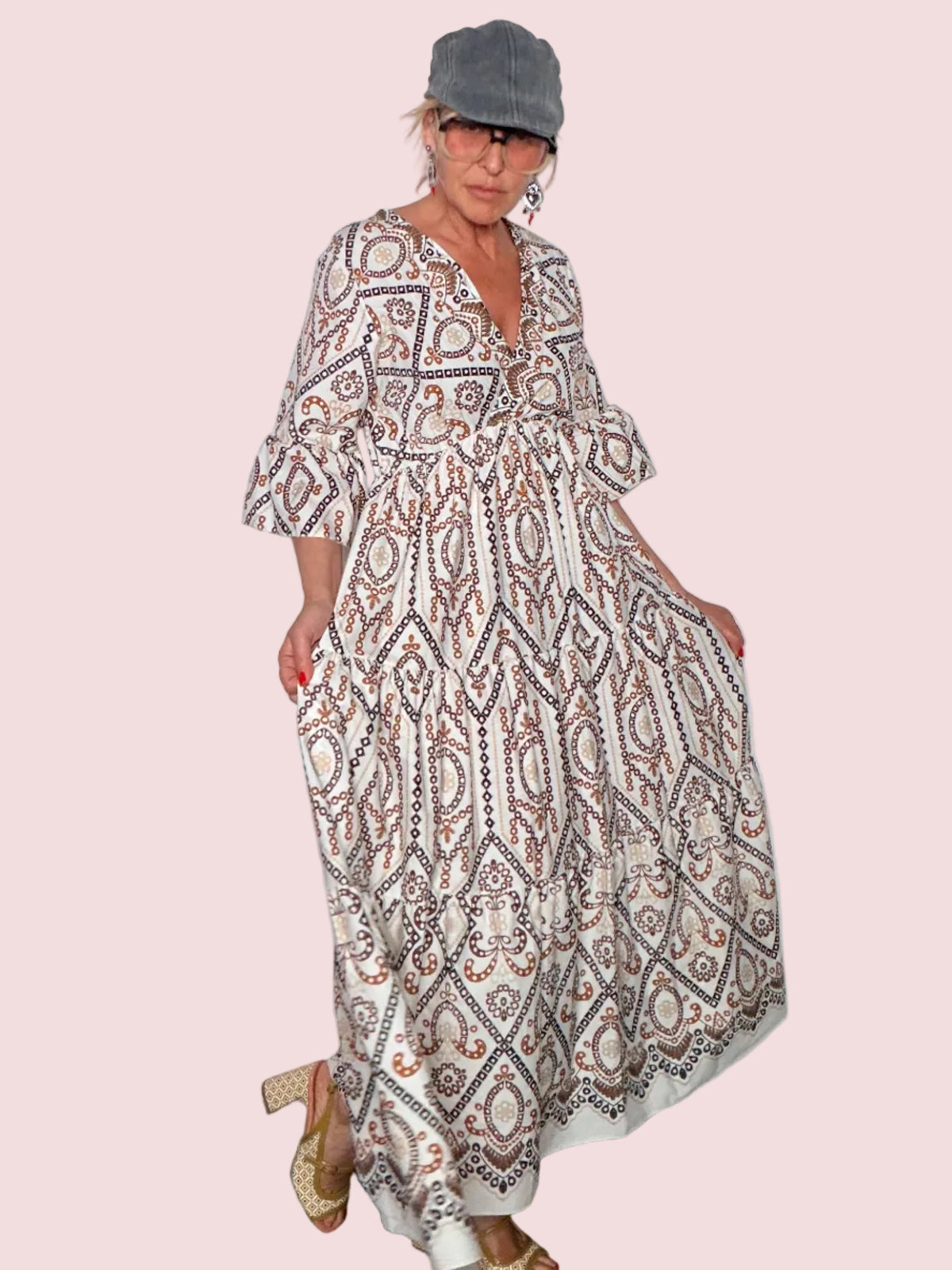 Abito Maxi Portafoglio Stampa Etnica Paisley con Balza