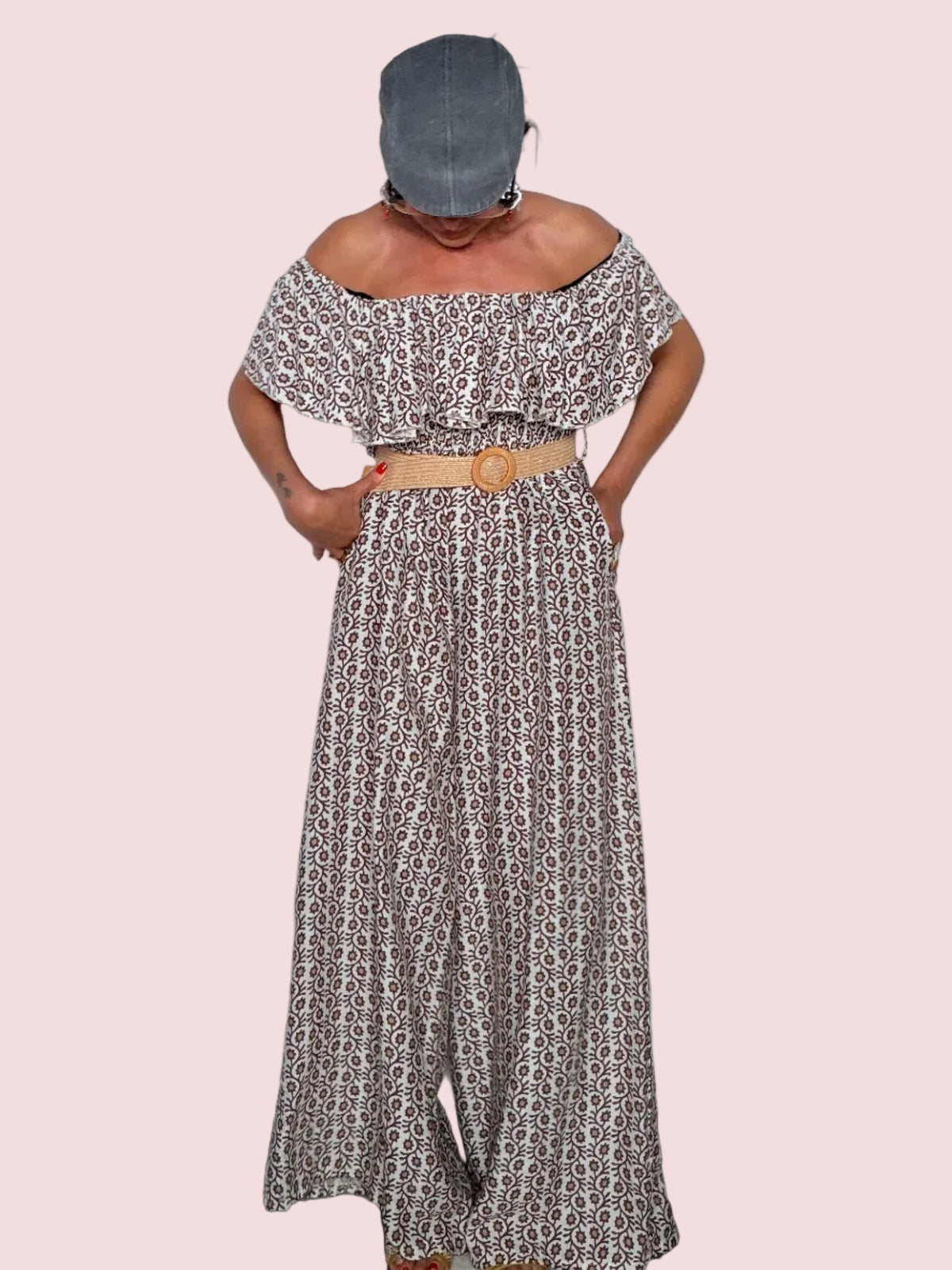 Tuta Jumpsuit Maxi Off-Shoulder con Volant e Stampa Floreale