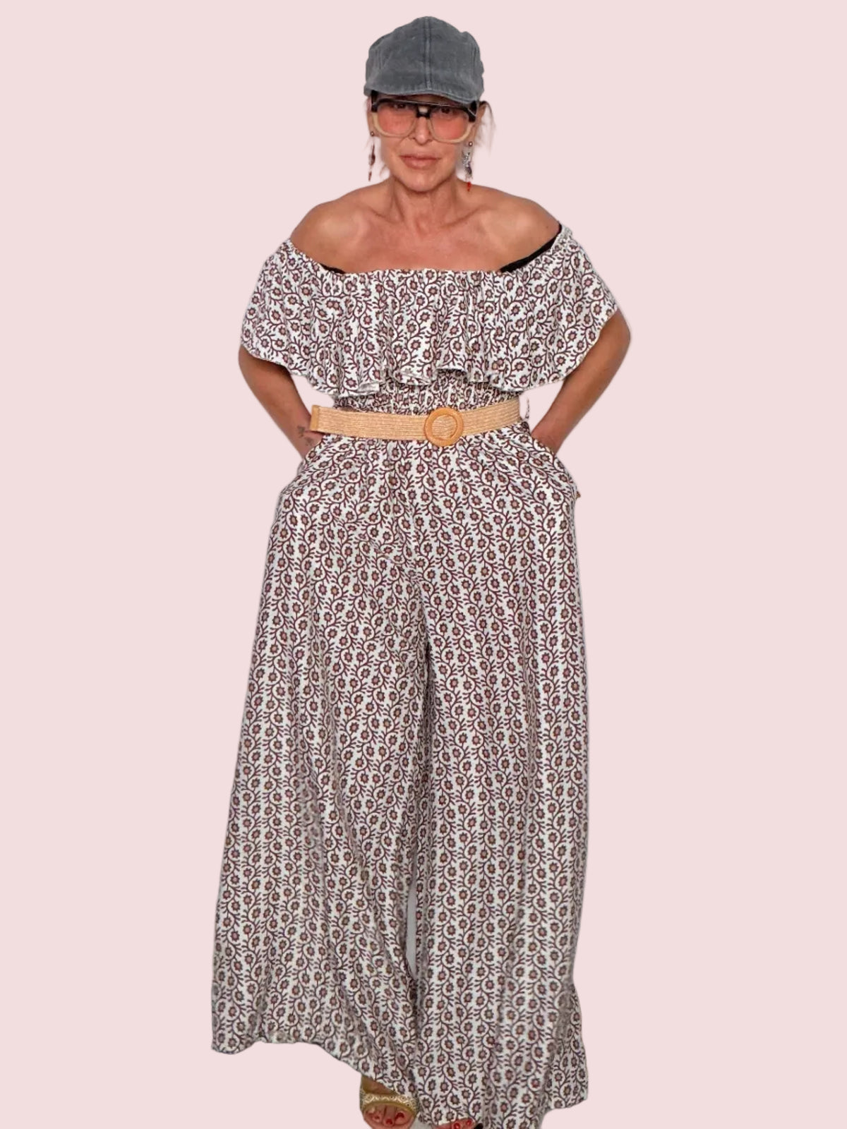 Tuta Jumpsuit Maxi Off-Shoulder con Volant e Stampa Floreale