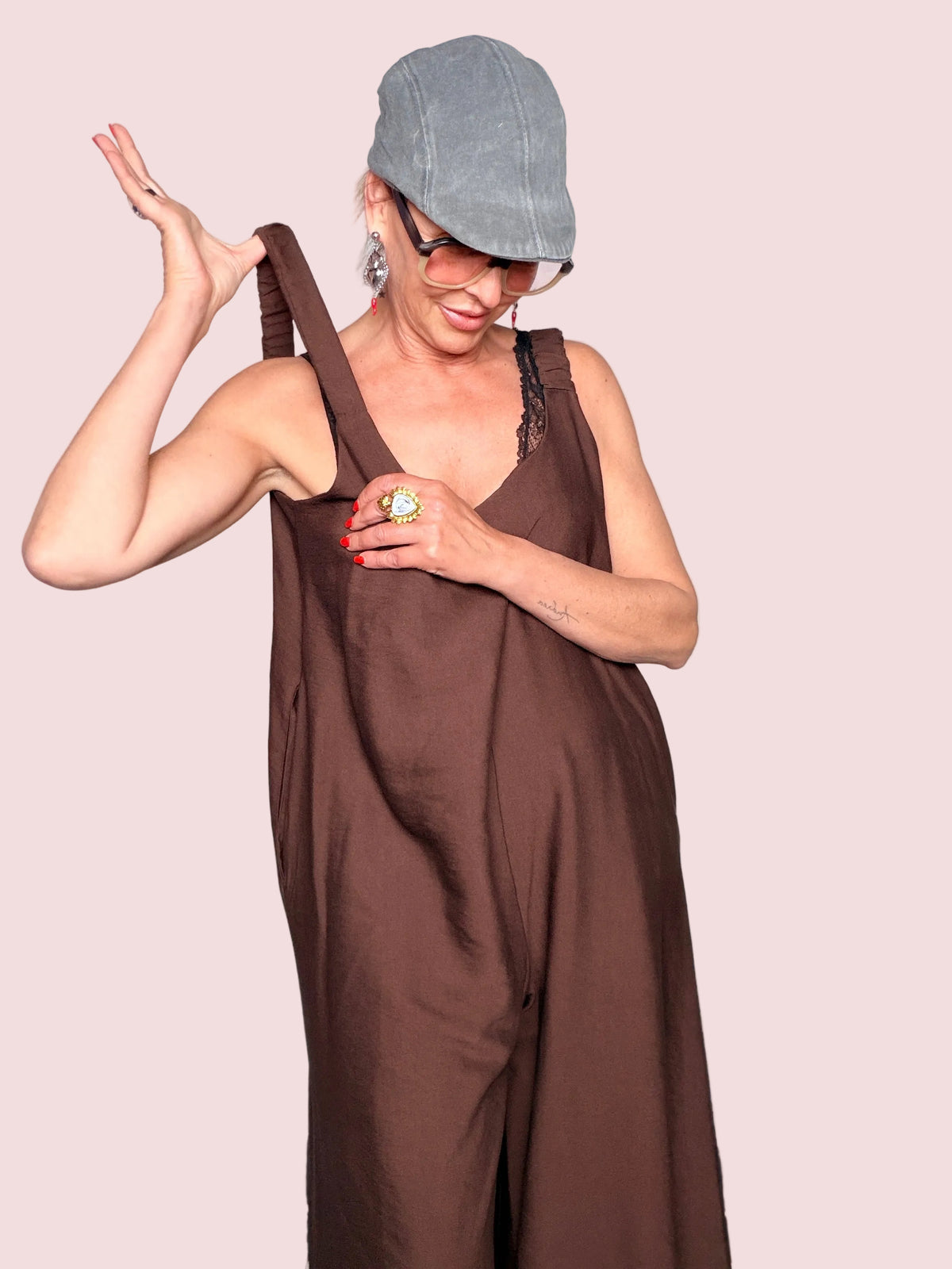 Tuta Jumpsuit Maxi Oversize Scollo V con Spalline Elasticate