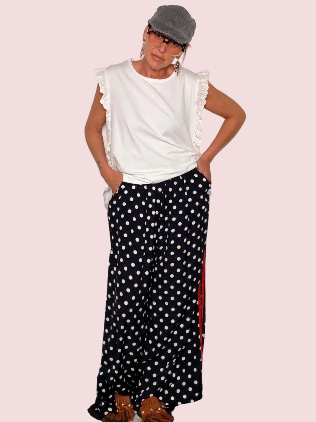 Pantalone Palazzo a Pois con Banda Laterale a Contrasto