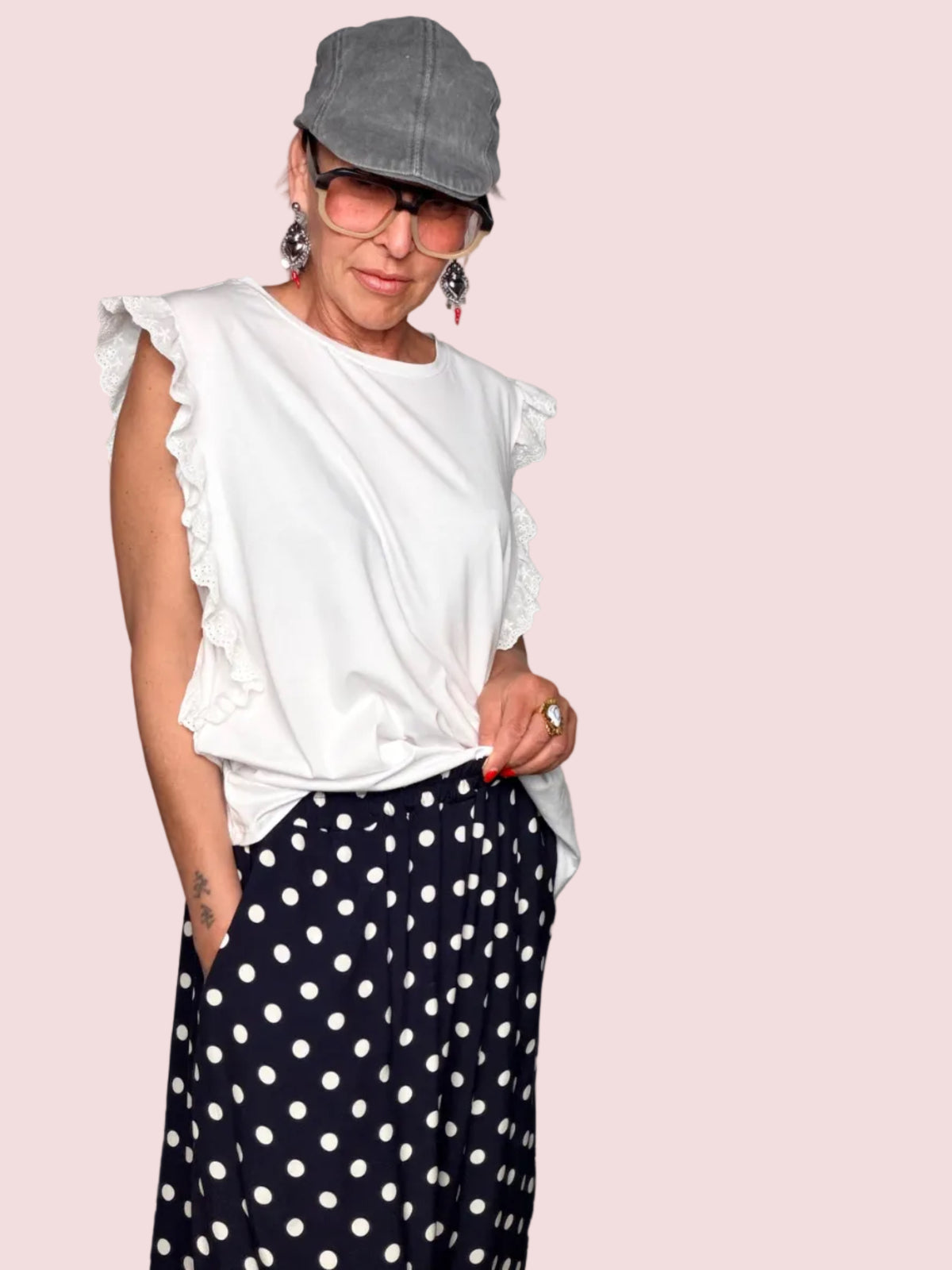 Pantalone Palazzo a Pois con Banda Laterale a Contrasto