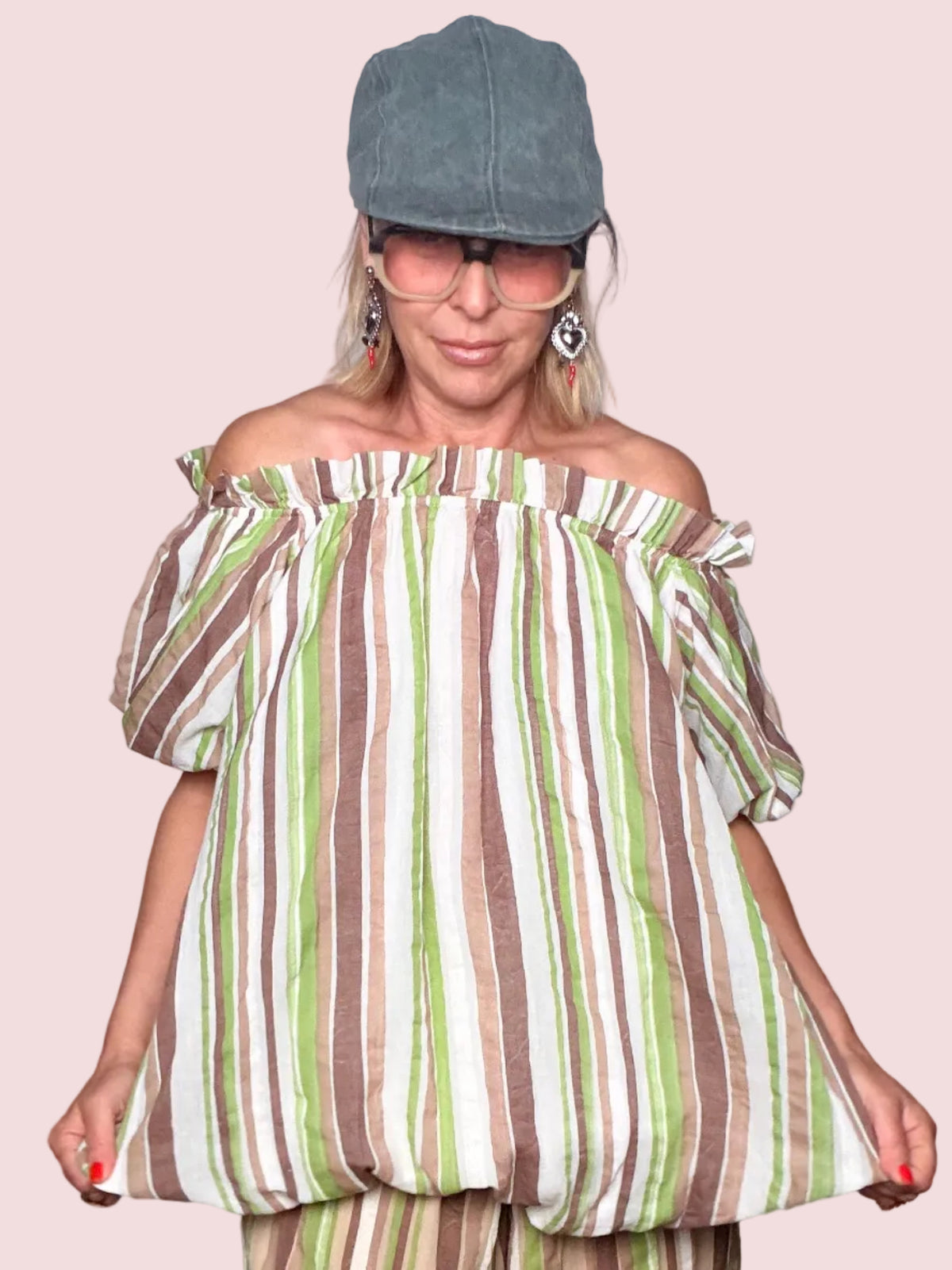 Top Off-Shoulder a Righe con Maniche Puff in Cotone Crinkle
