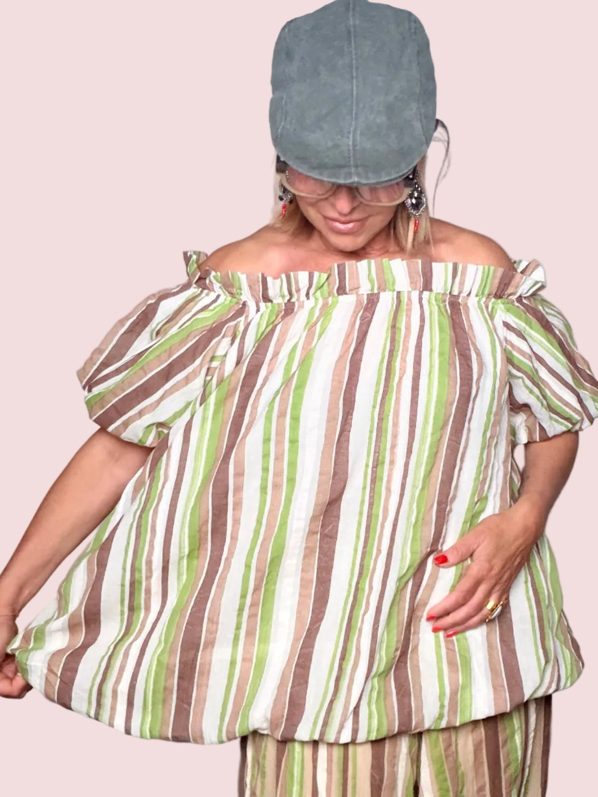 Top Off-Shoulder a Righe con Maniche Puff in Cotone Crinkle