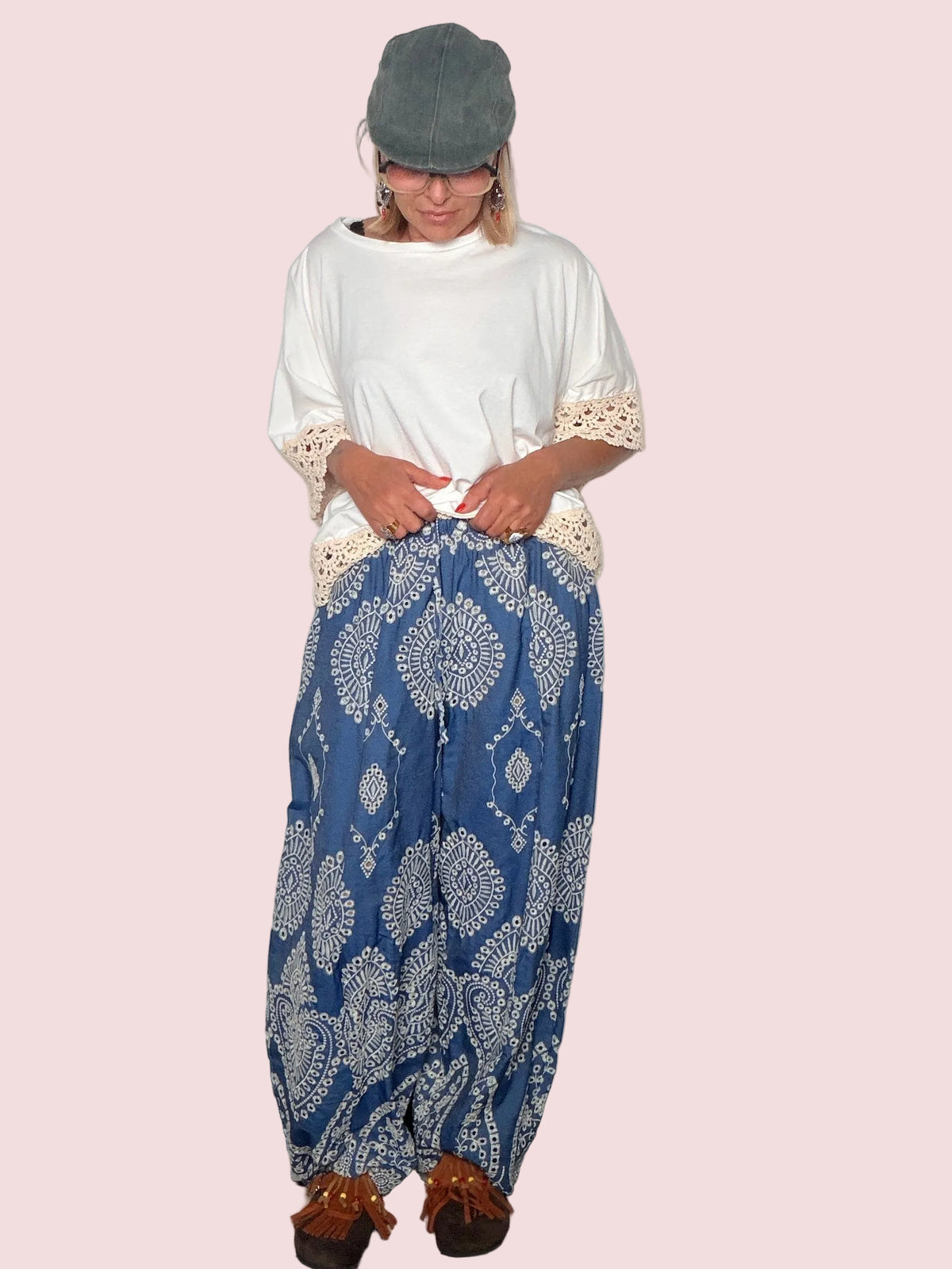 Pantalone Palazzo Maxi Stampa Paisley Blu con Coulisse