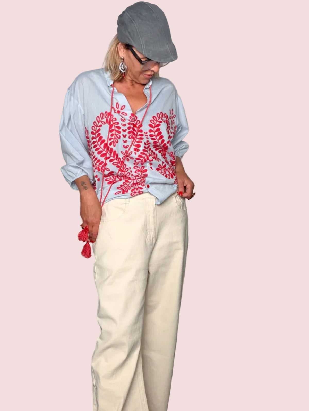 Pantalone a Gamba Dritta Larga Panna con Tasche Cargo