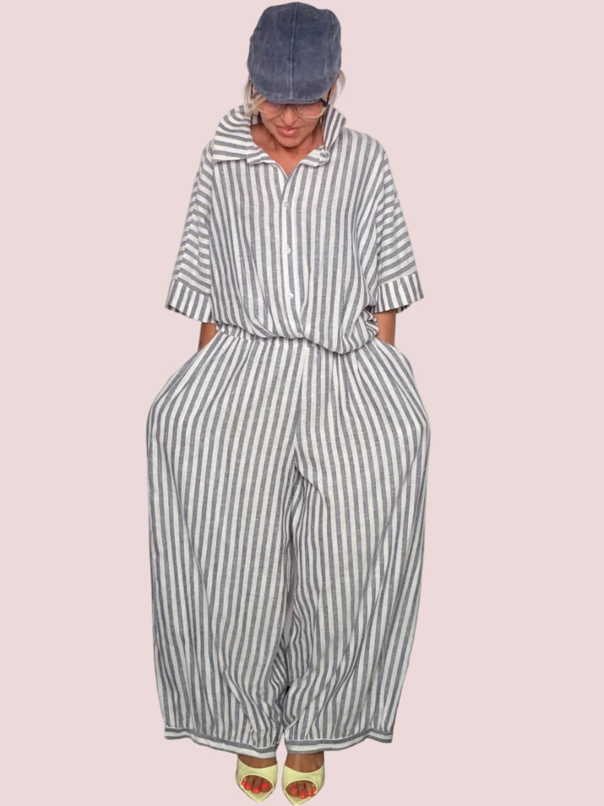 Pantalone Wide Leg Lino Righe Grigio & Bianco