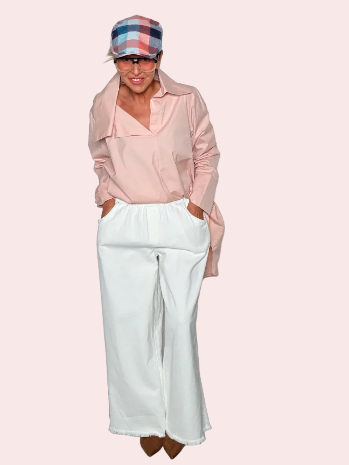 Jeans palazzo bianchi con elastico in vita