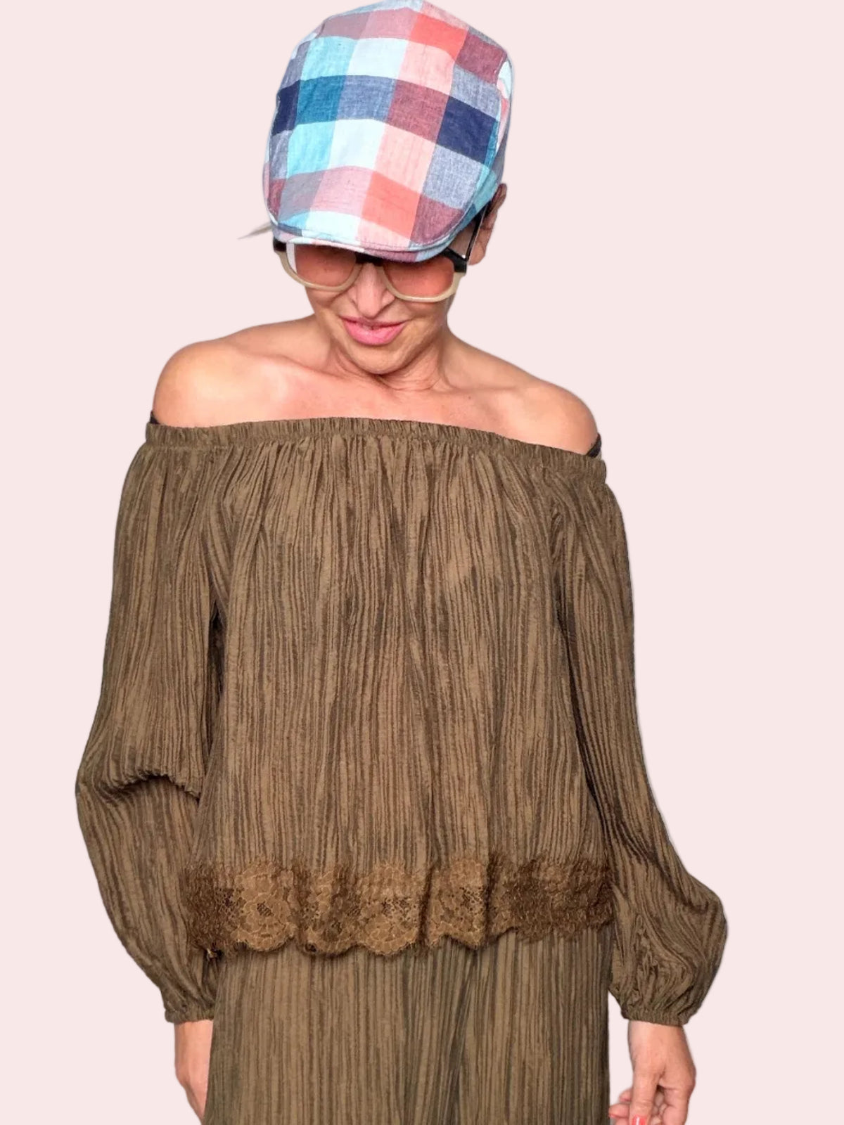 Top Off-Shoulder in Plissé con Lurex – Bordo in Pizzo