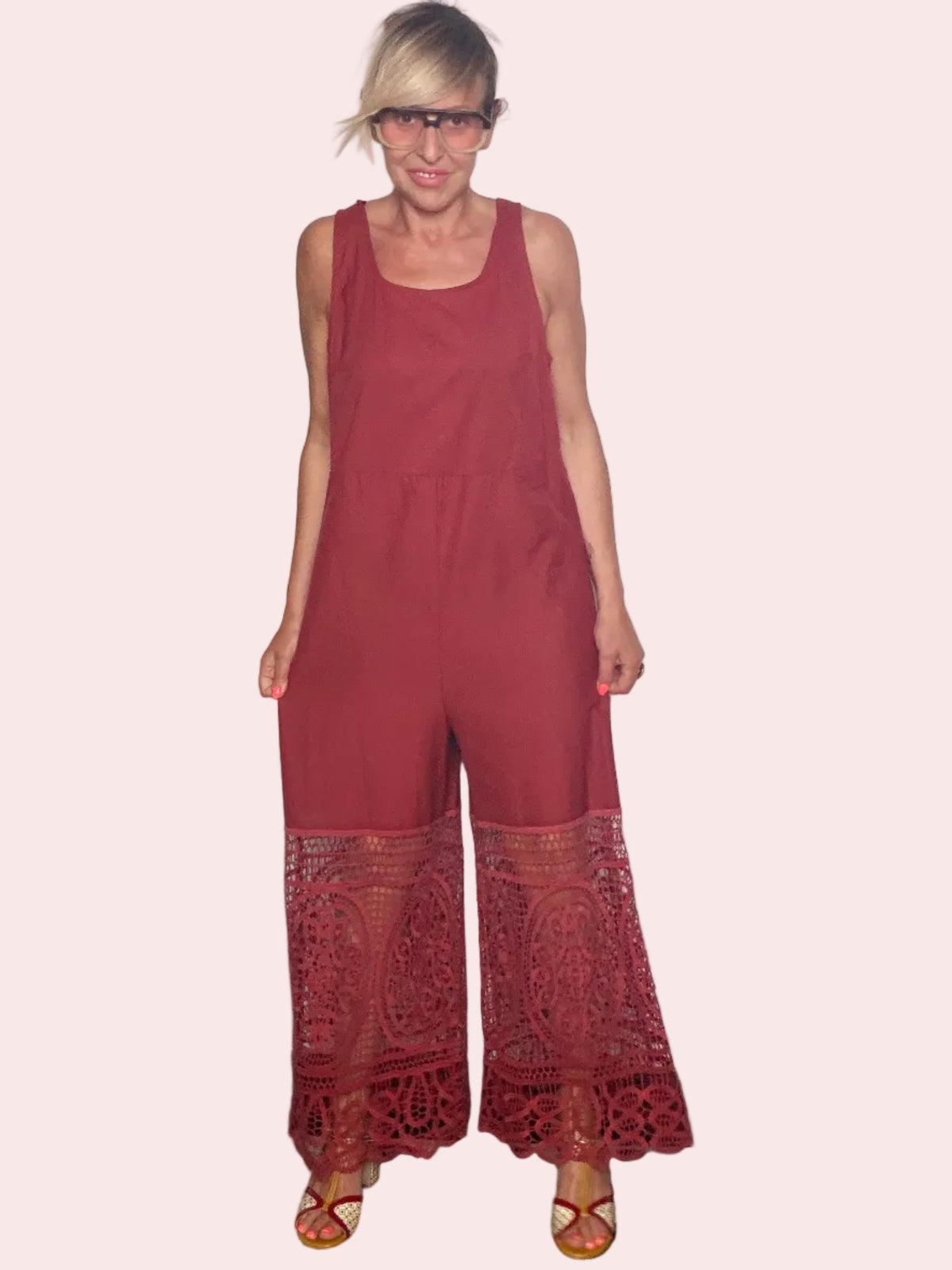 Tuta Wide Leg con Inserto in Pizzo Macramé